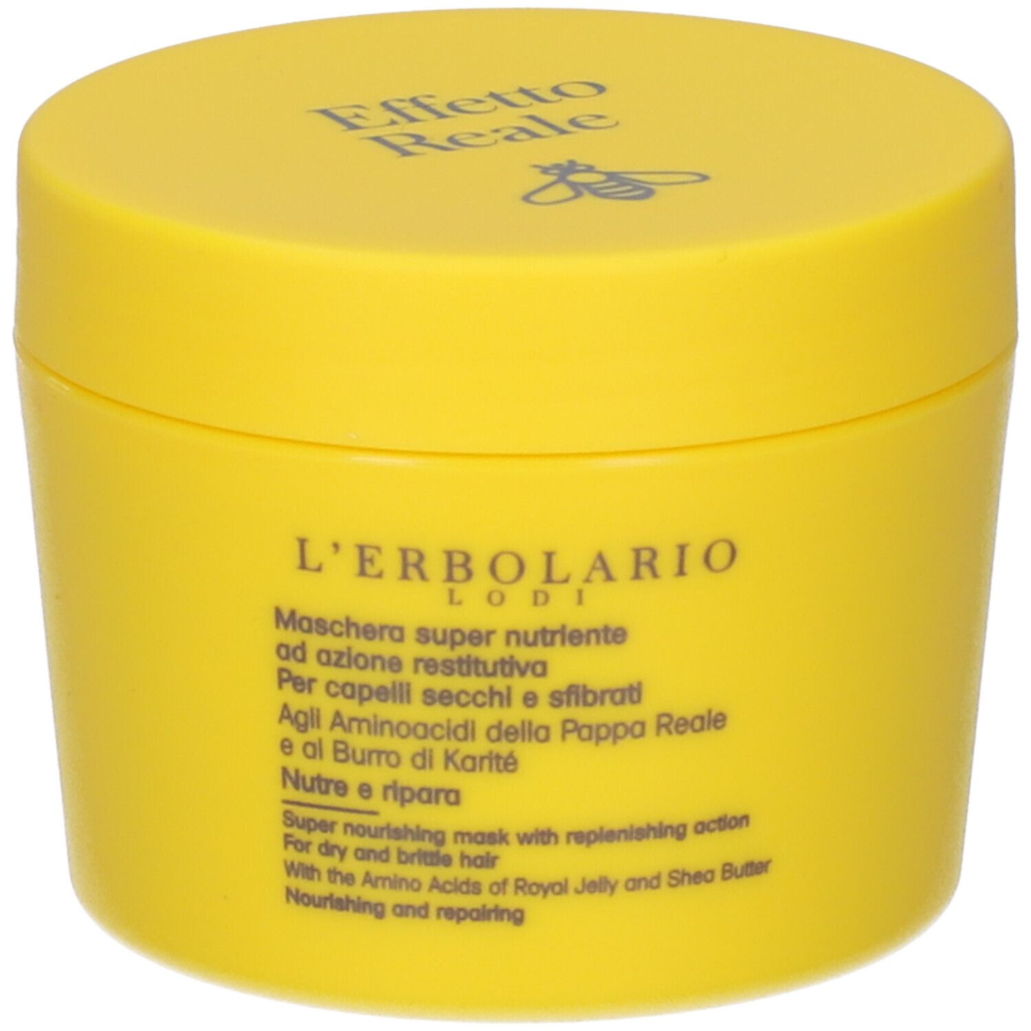 Barattolo giallo con scritta: Effetto Reale, L'Erbolario. Testo in italiano e inglese. Logo ape.