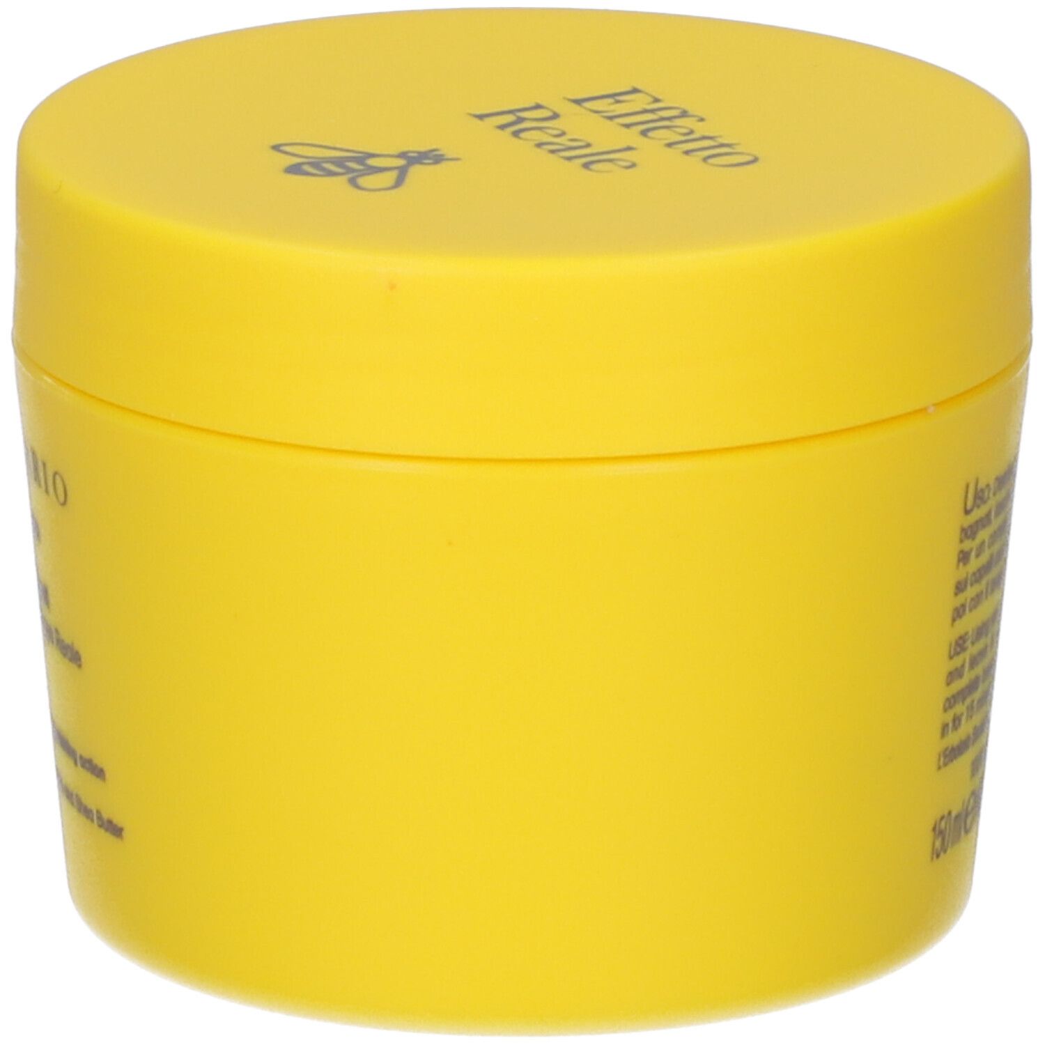 Barattolo giallo. Scritta: Effetto Reale, L'Erbolario. Testo in italiano e inglese. Logo ape.