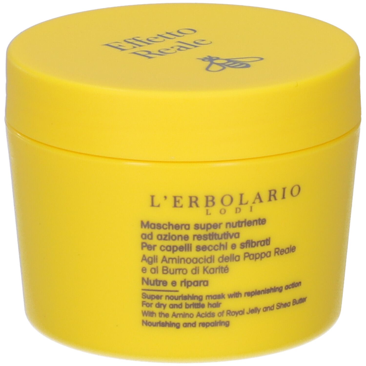 Barattolo giallo con scritta: Effetto Reale, L'Erbolario. Testo in italiano e inglese. Logo ape.