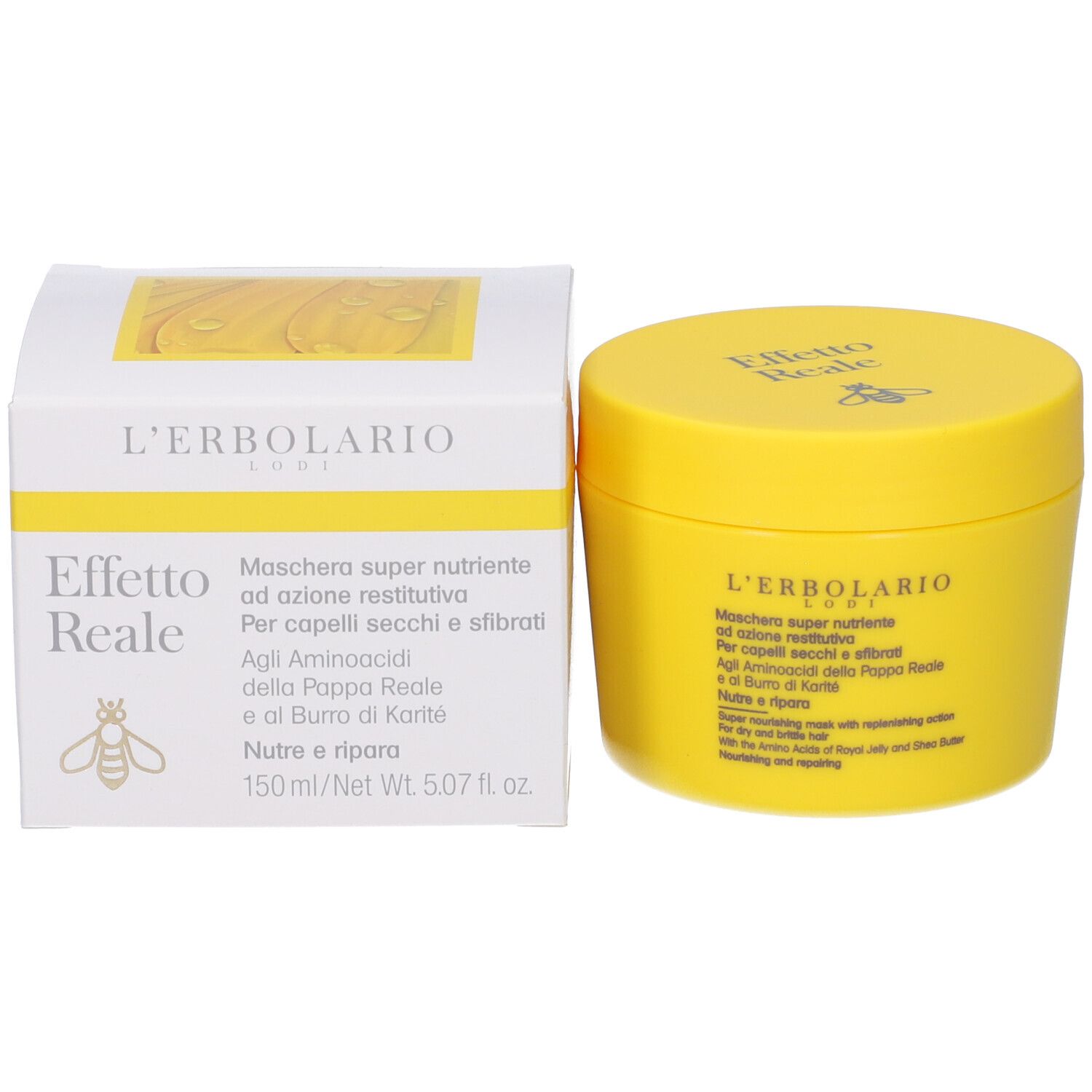 Barattolo giallo e scatola bianca. Scritta: Effetto Reale, L'Erbolario. Testo in italiano. Logo ape.