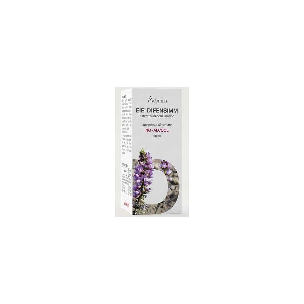 Scatola bianca con nome del prodotto e fiore viola. Testo: EIE DIFENSIMM, NO-ALCOOL.