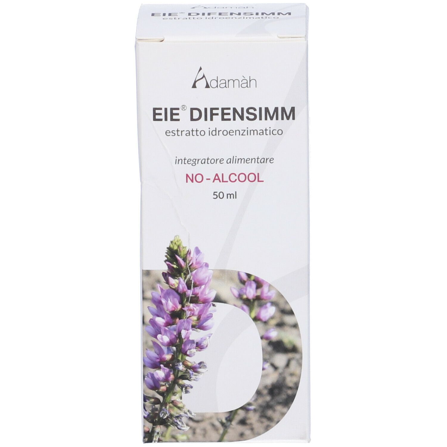 Scatola bianca con nome del prodotto e fiore viola. Testo: EIE DIFENSIMM, NO-ALCOOL.