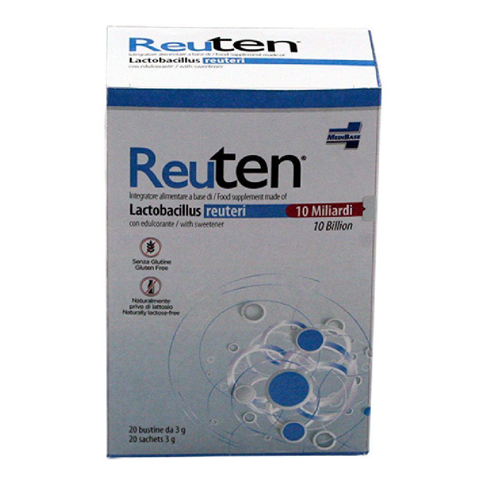 Scatola Reuten, 20 bustine. Contiene 10 miliardi di Lactobacillus reuteri. Senza glutine e lattosio.