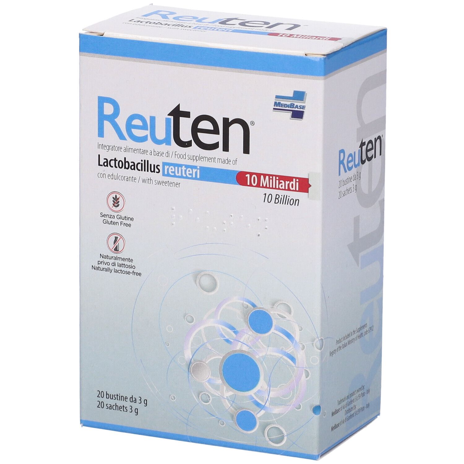 Confezione Reuten, 20 bustine, 3g ciascuna. Contiene 10 miliardi di Lactobacillus reuteri. Senza glutine e lattosio.