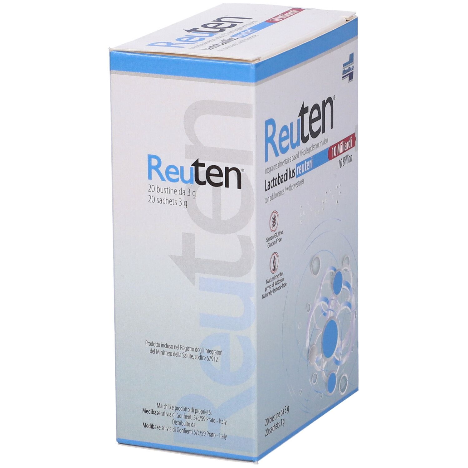 Confezione Reuten, 20 bustine. Contiene 10 miliardi di Lactobacillus reuteri. Senza glutine e lattosio. Grafica blu e bianca.