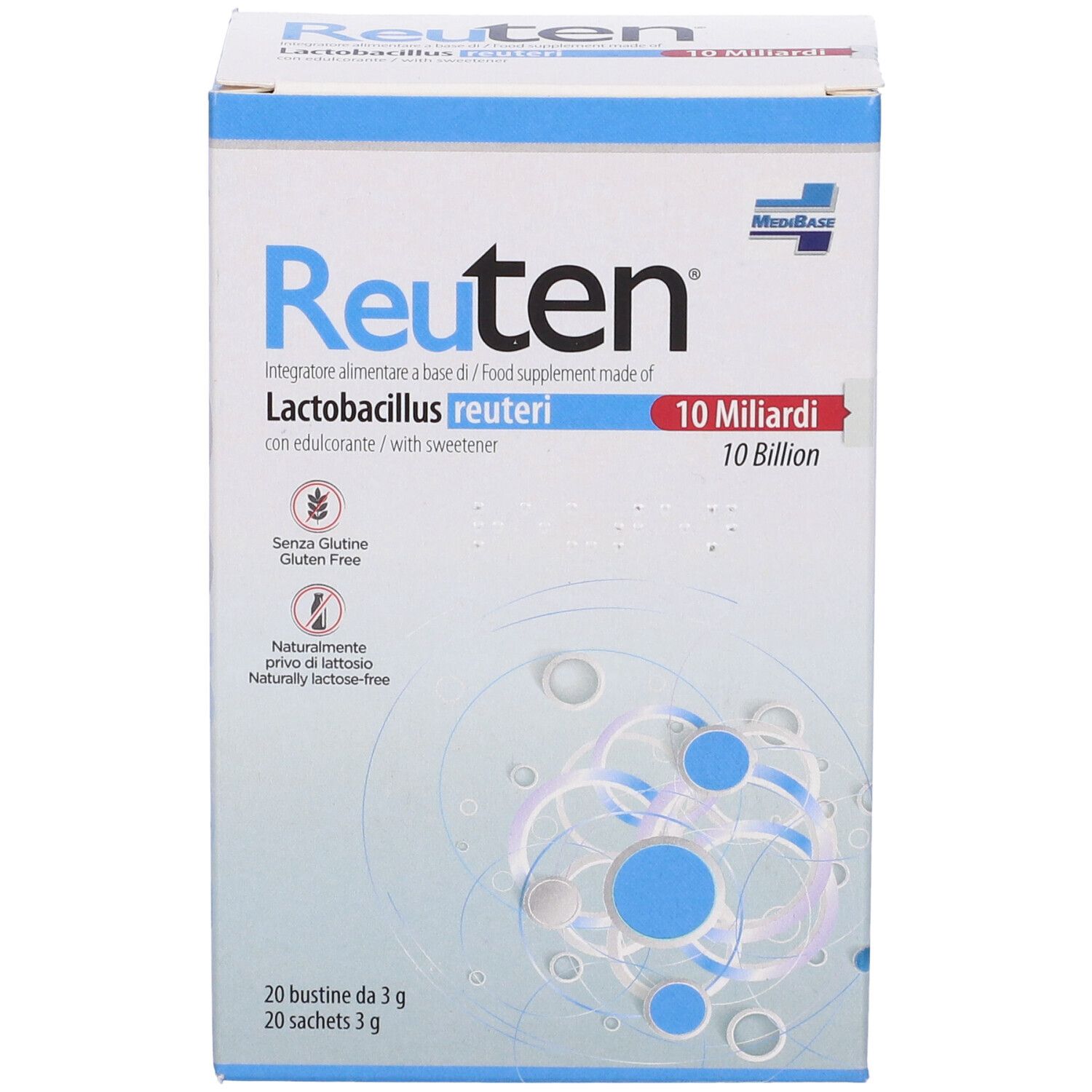 Confezione Reuten, 20 bustine. Contiene 10 miliardi di Lactobacillus reuteri. Senza glutine e lattosio. Grafica blu e bianca.