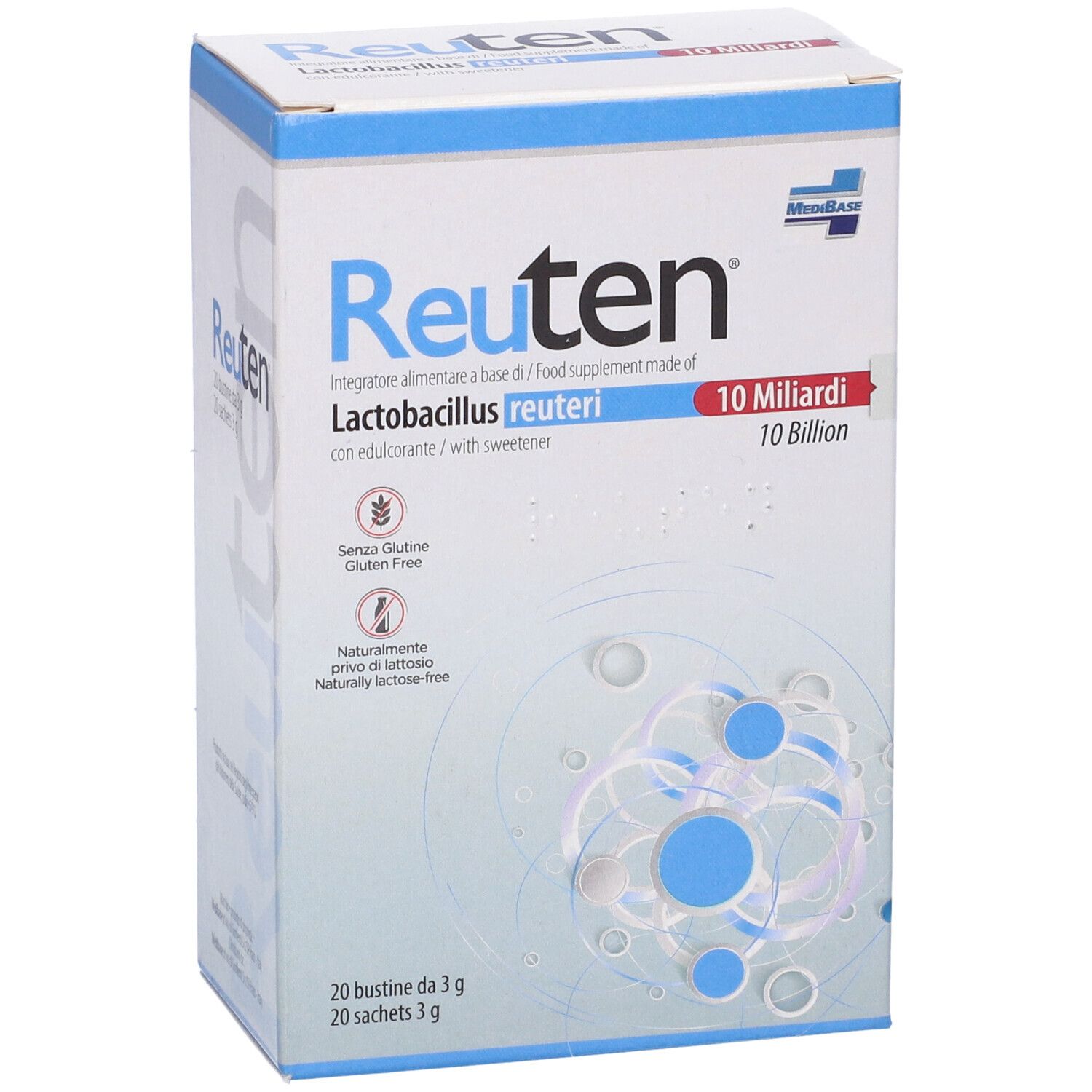 Confezione Reuten, 20 bustine. Contiene 10 miliardi di Lactobacillus reuteri. Senza glutine e lattosio. Grafica blu e bianca.