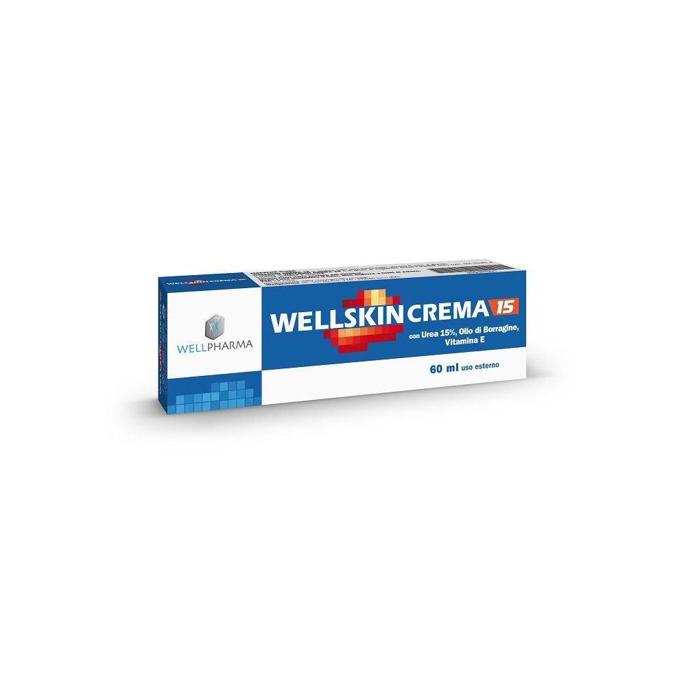 Confezione blu e bianca con scritta WELLSKIN CREMA 15. Contiene 60 ml. Logo WELLPHARMA.