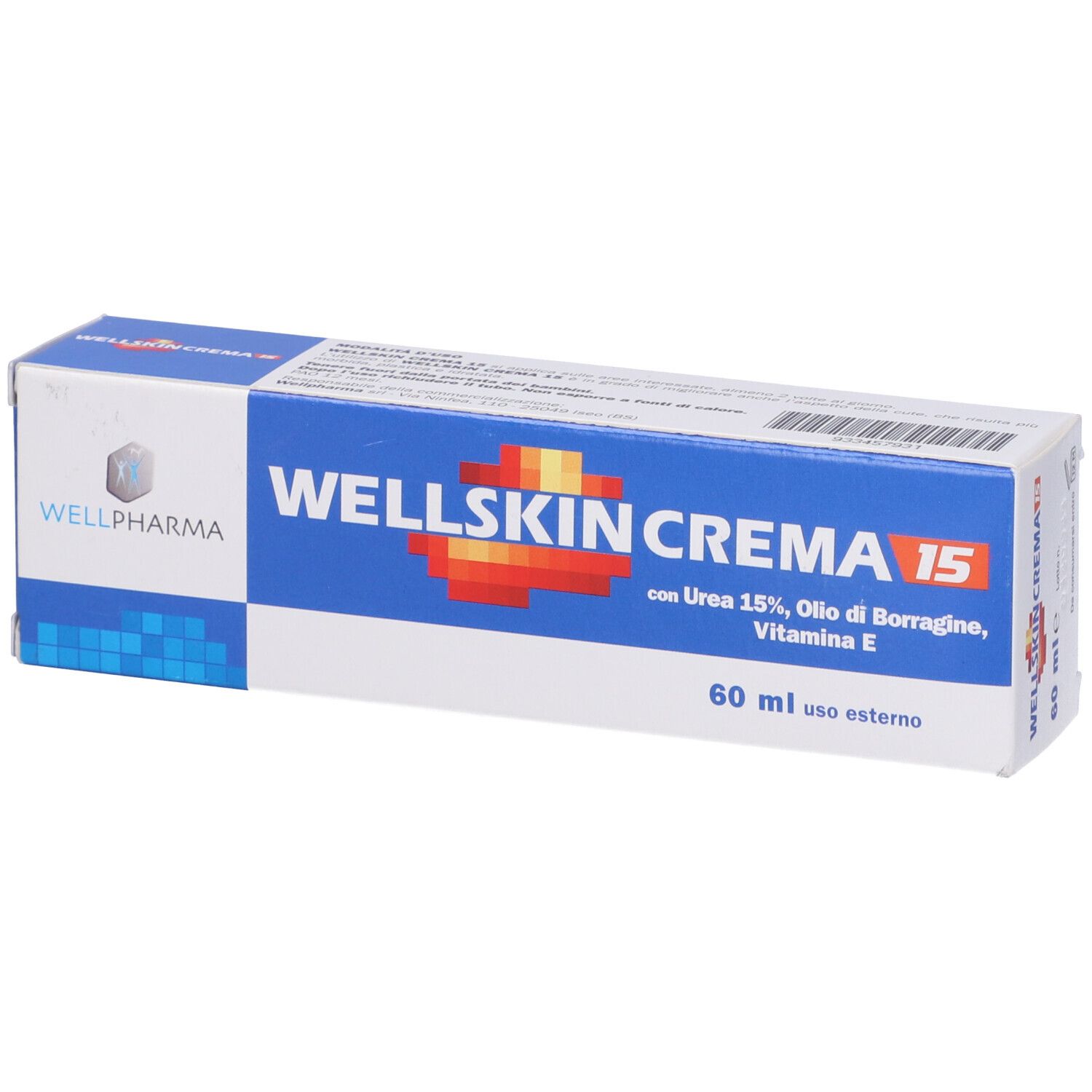 Confezione blu e bianca con WELLSKIN CREMA 15. Contiene Urea 15%, olio di borragine, vitamina E. 60 ml.