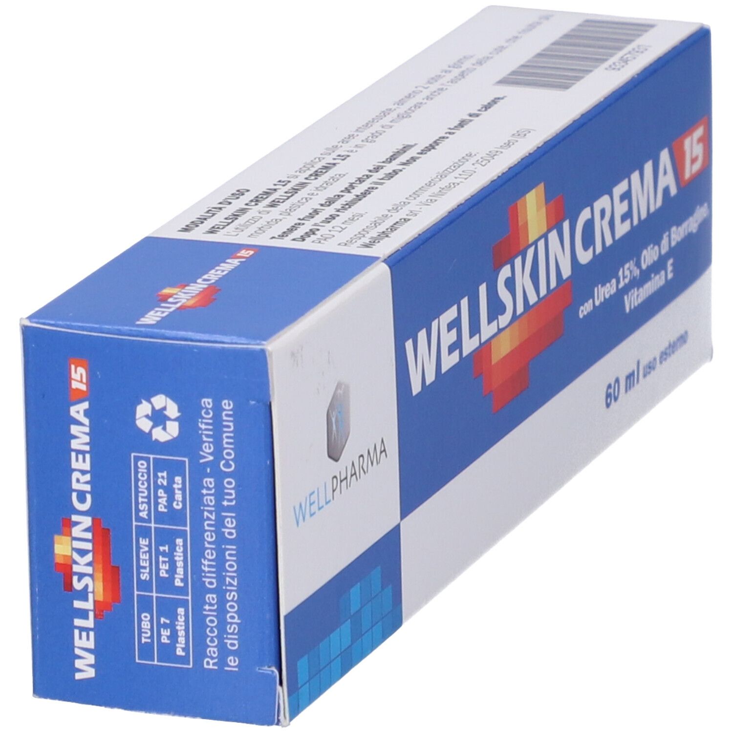 Confezione con WELLSKIN CREMA 15. Contiene Urea 15%, olio di borragine, vitamina E. 60 ml. Istruzioni per il riciclo.