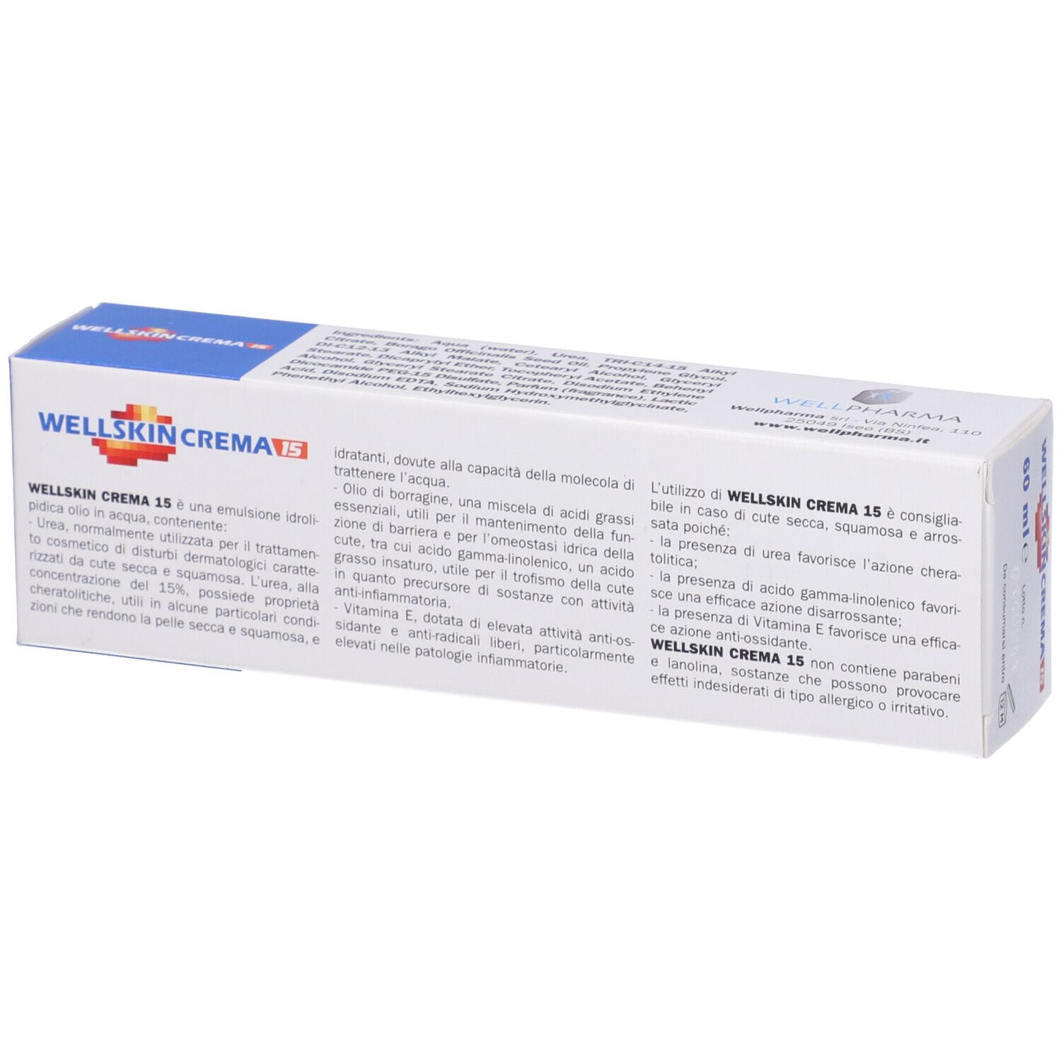 Confezione con WELLSKIN CREMA 15. Testo con ingredienti e istruzioni per l'uso. 60 ml.