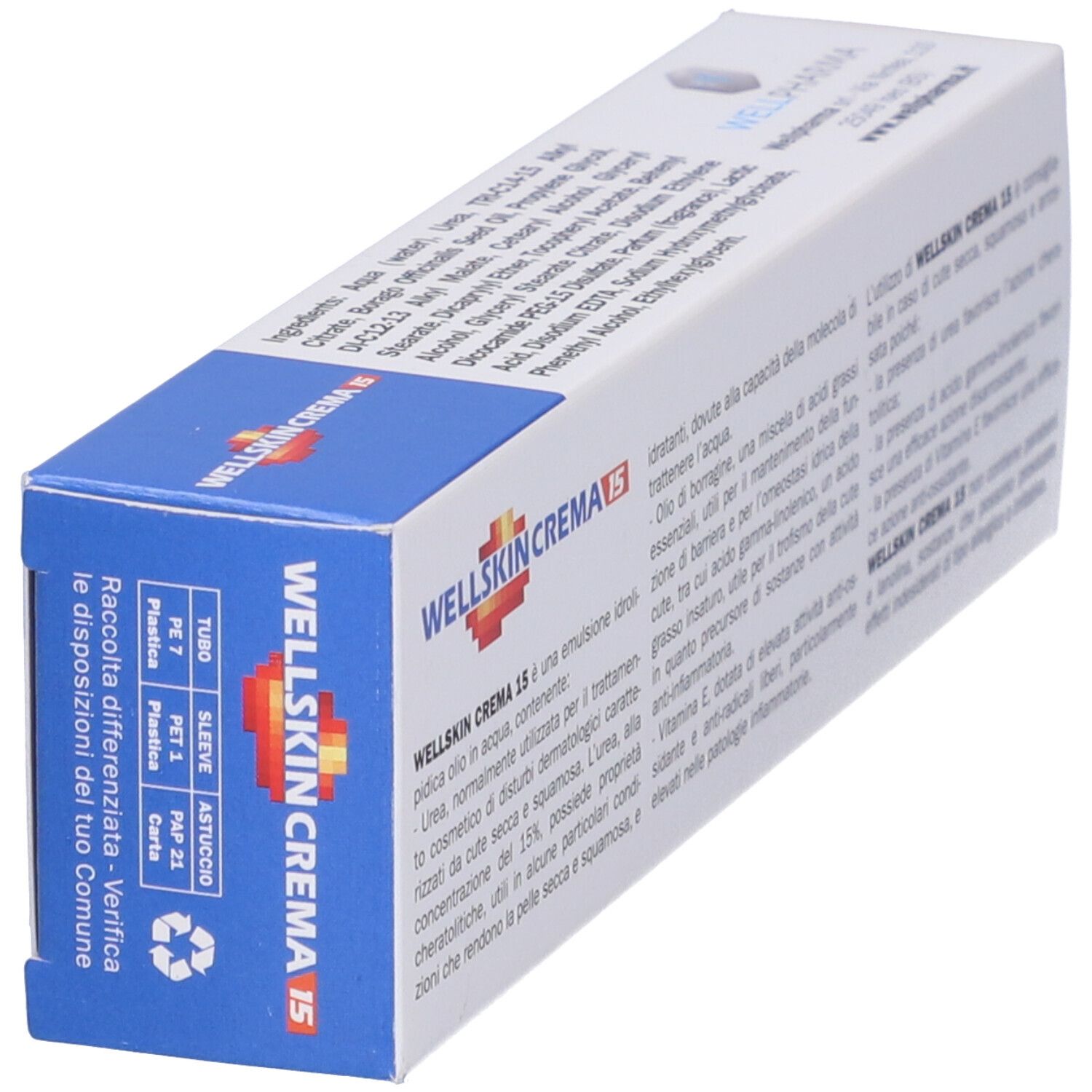 Confezione con WELLSKIN CREMA 15. Testo con ingredienti e istruzioni per l'uso. 60 ml.