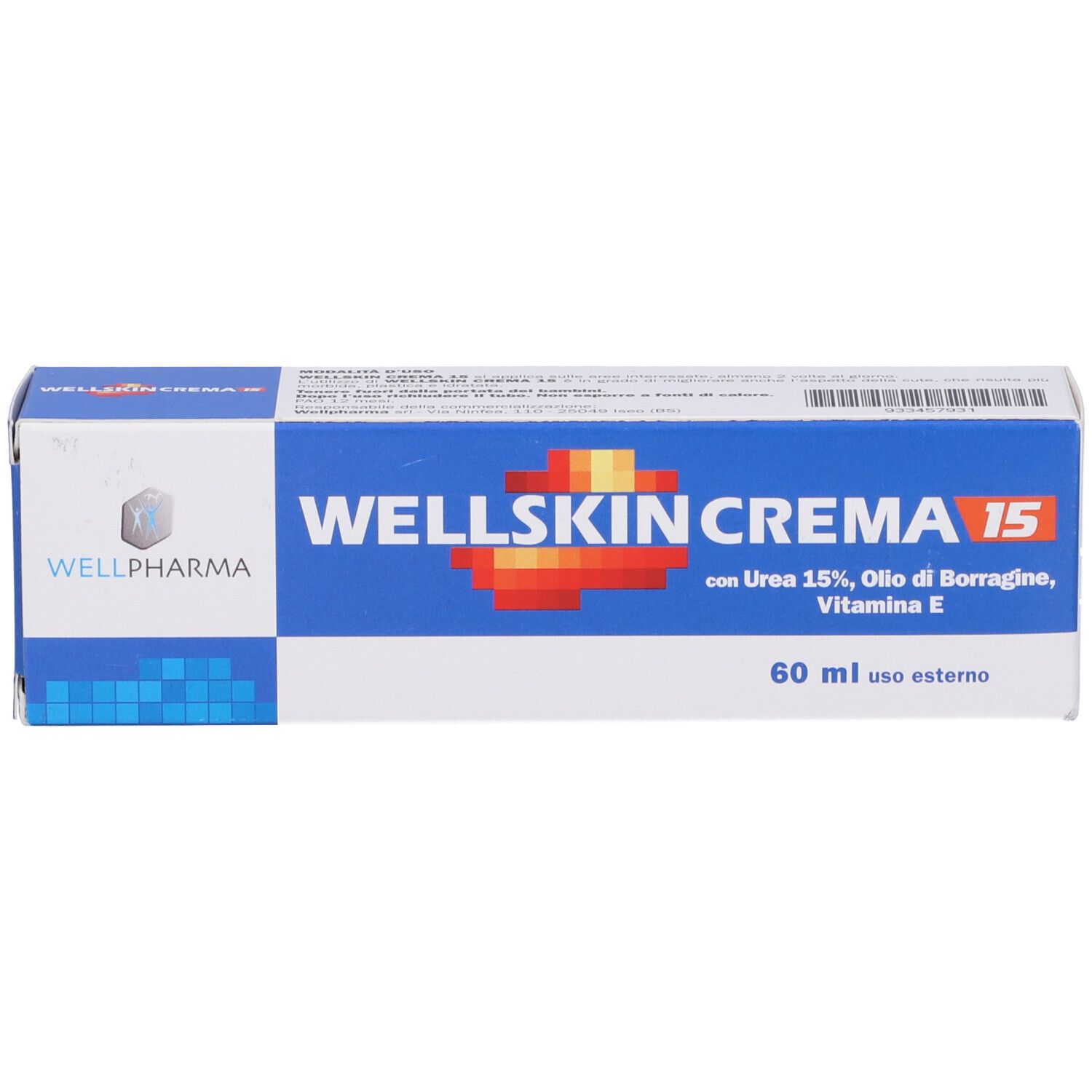 Confezione blu e bianca con WELLSKIN CREMA 15. Contiene Urea 15%, olio di borragine, vitamina E. 60 ml.