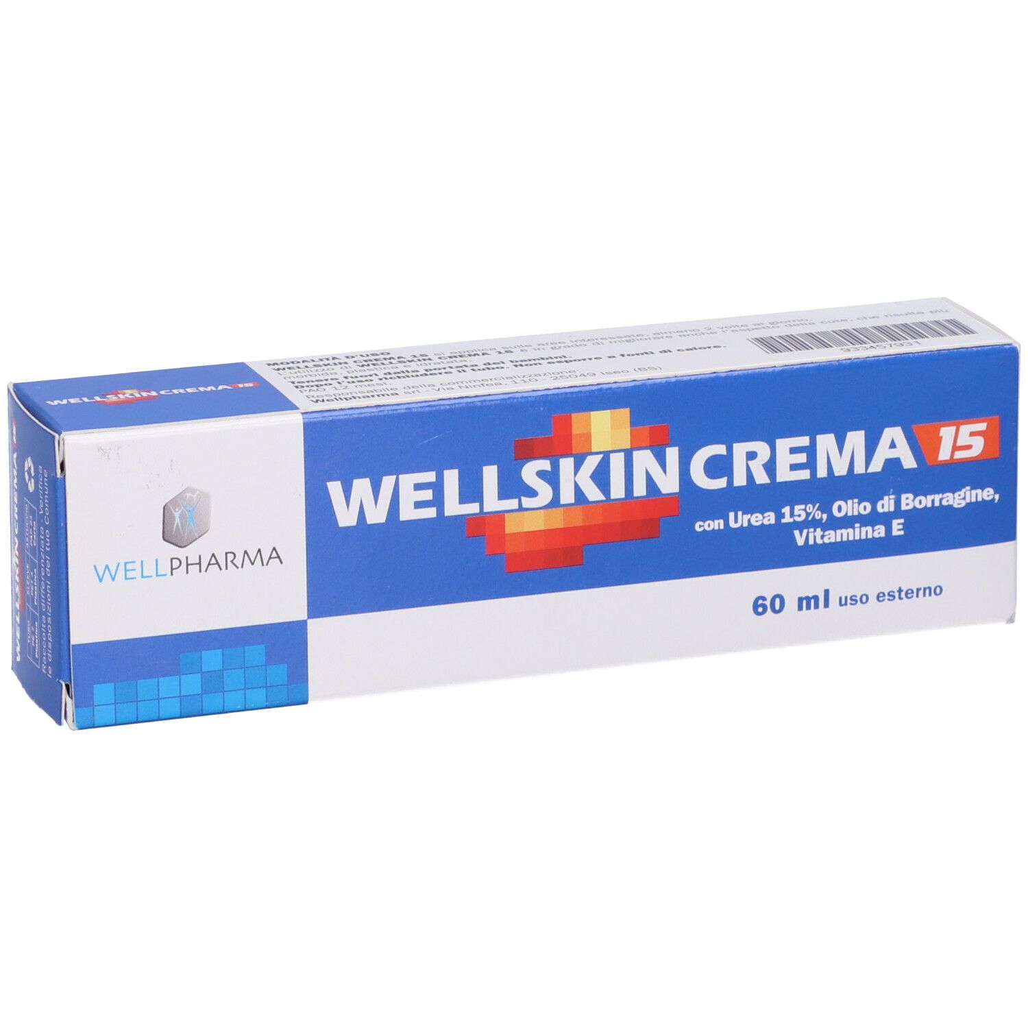 Confezione blu e bianca con WELLSKIN CREMA 15. Contiene Urea 15%, olio di borragine, vitamina E. 60 ml.