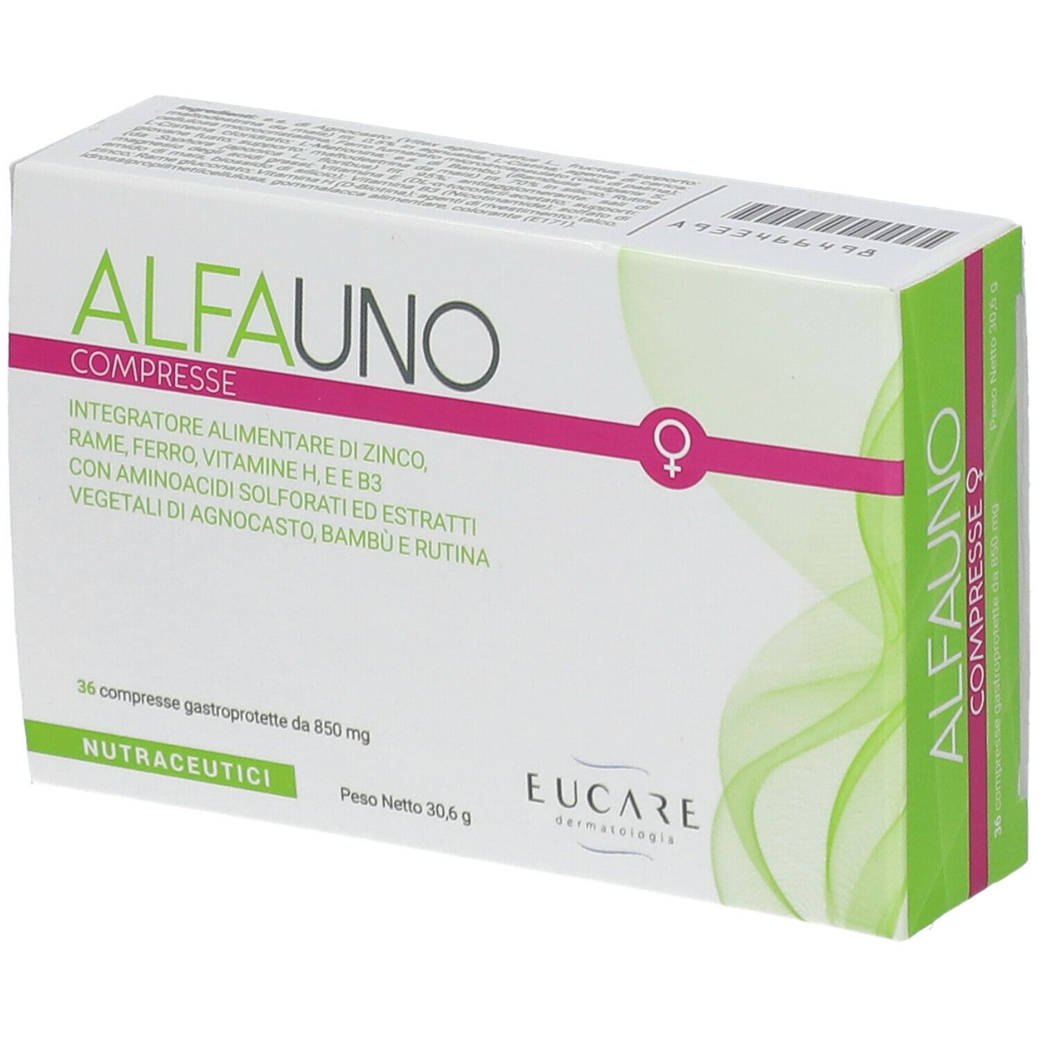 Confezione di ALFAUNO COMPRESSE. Scatola bianca con accenti verdi e rosa. Contiene 36 compresse. Marchio EUCARE.