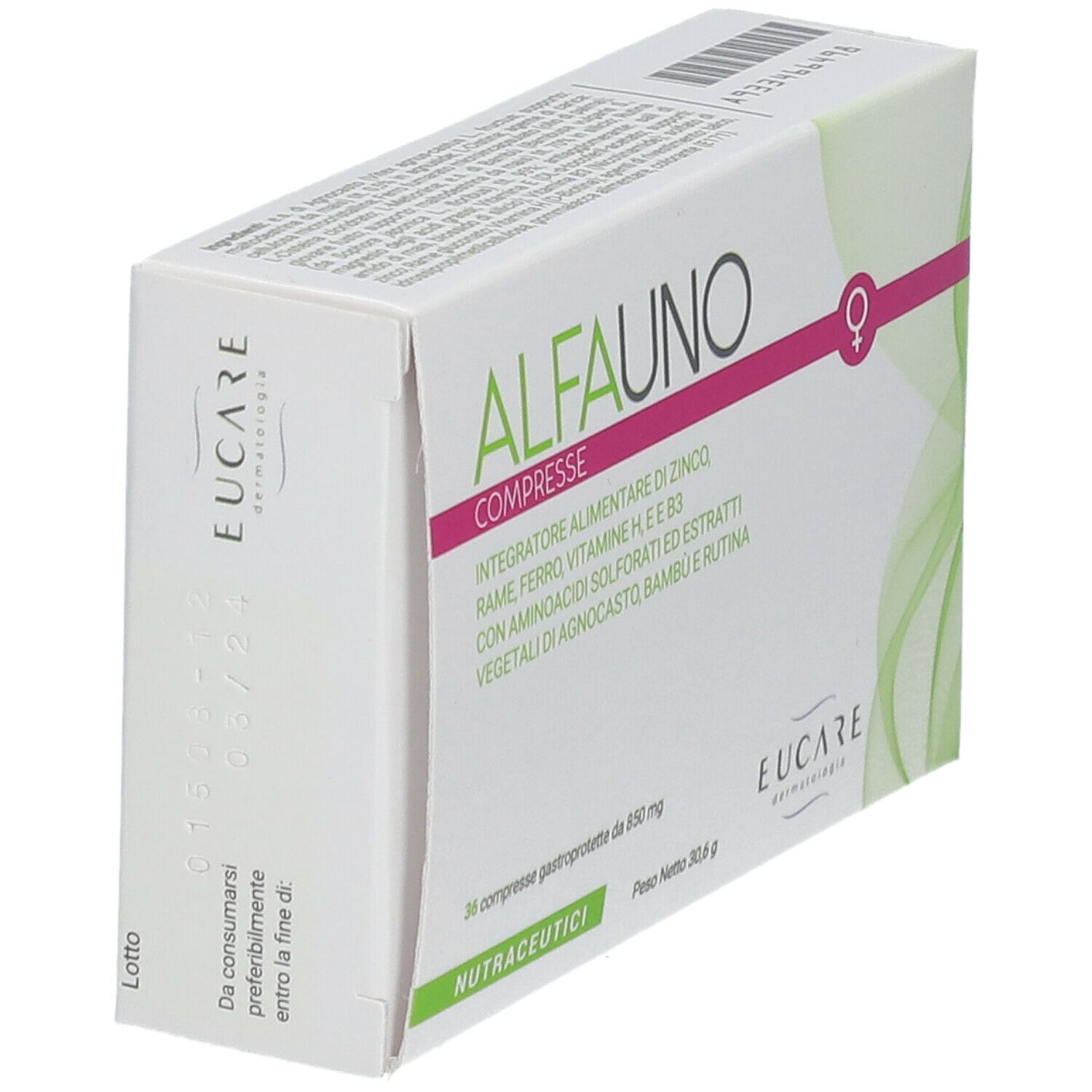 Confezione di ALFAUNO COMPRESSE. Scatola bianca con accenti verdi e rosa. Marchio EUCARE. Contiene 36 compresse.