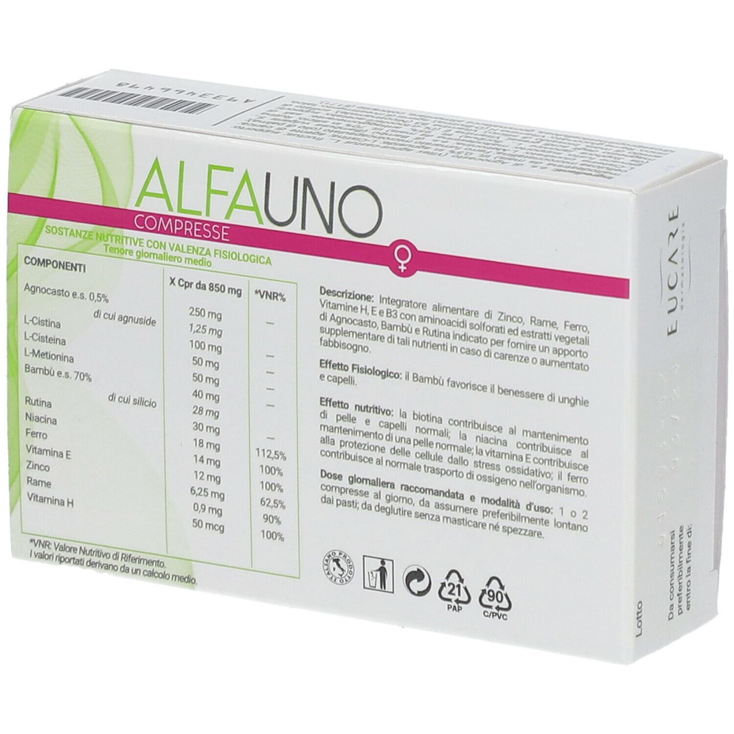 Confezione di ALFAUNO COMPRESSE. Scatola bianca con accenti verdi e rosa. Contiene 36 compresse. Retro con informazioni.