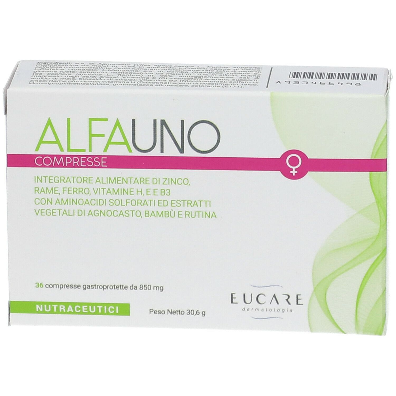 Confezione di ALFAUNO COMPRESSE. Scatola bianca con accenti verdi e rosa. Contiene 36 compresse. Marchio EUCARE.