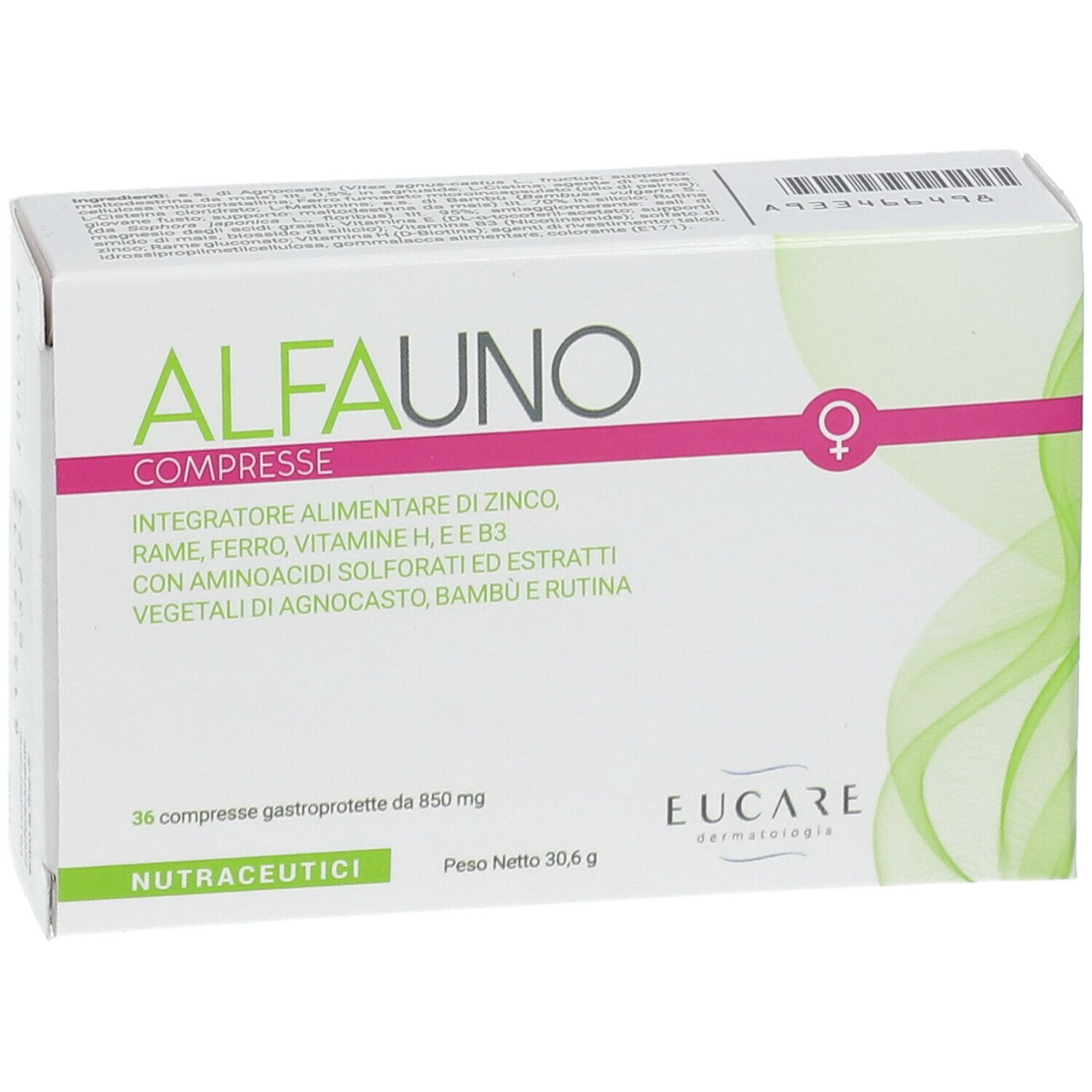 Confezione di ALFAUNO COMPRESSE. Scatola bianca con accenti verdi e rosa. Contiene 36 compresse. Marchio EUCARE.