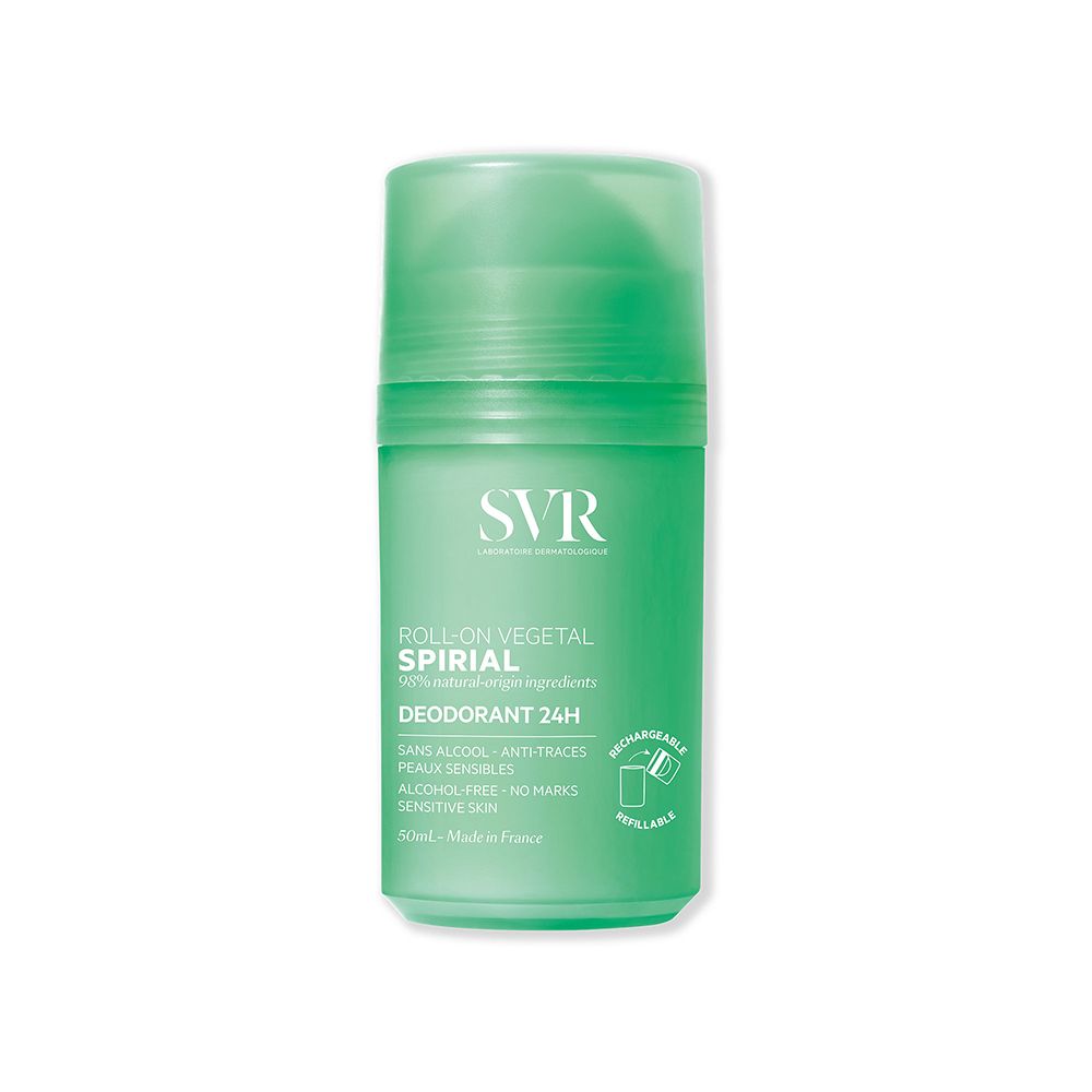 Roll-on deodorante verde. Scritta: SVR, Spirial Roll-On Végétal, Deodorante 24H. Senza alcol, senza tracce. Pelle sensibile.