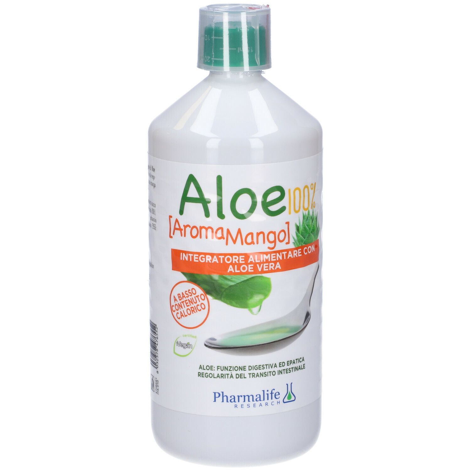 Bottiglia bianca con tappo verde. Scritta: Aloe 100% Aroma Mango. Etichetta con illustrazione di aloe vera e testo.