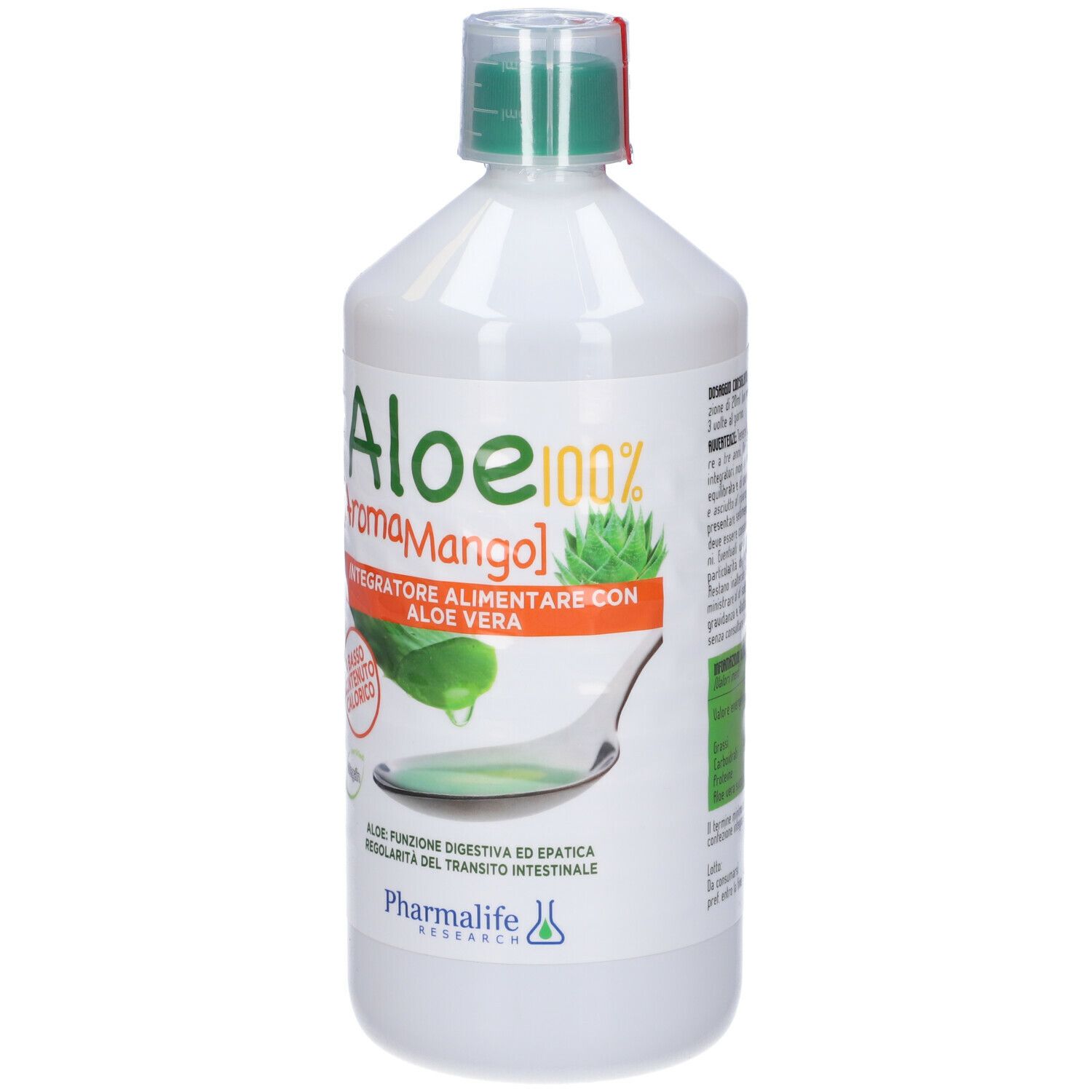 Bottiglia bianca con tappo verde. Scritta: Aloe 100% Aroma Mango. Etichetta con illustrazione di aloe vera e testo.