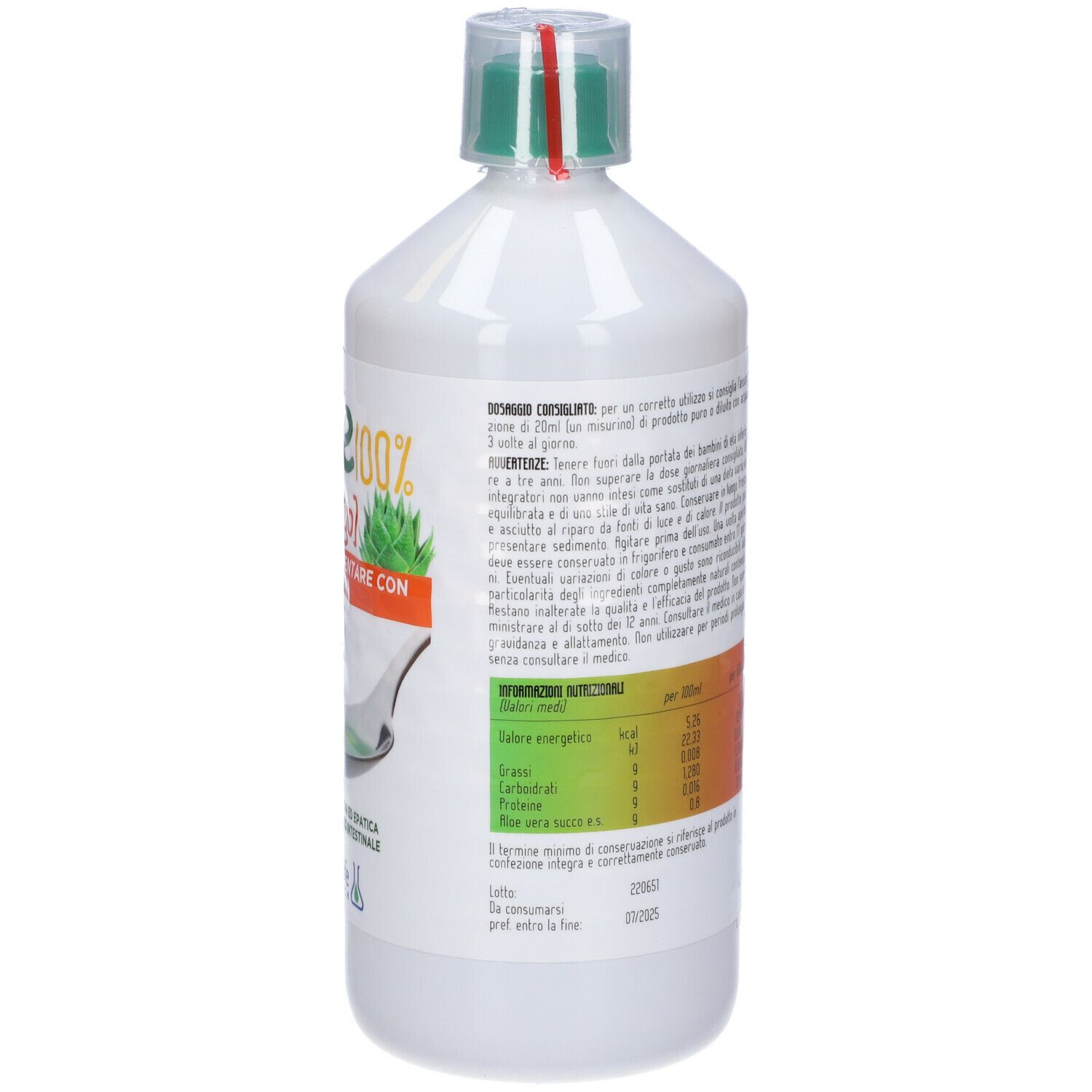Bottiglia bianca con tappo verde. Retro con testo e informazioni nutrizionali. Scritta: Aloe 100% Aroma Mango.