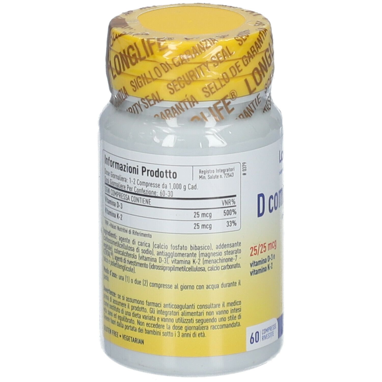 Flacone bianco con tappo giallo e sigillo. Retro con informazioni prodotto. 60 compresse.