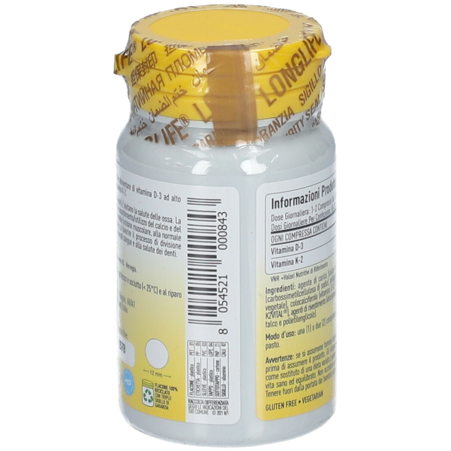 Flacone bianco con tappo giallo e sigillo. Retro con informazioni prodotto. 60 compresse.
