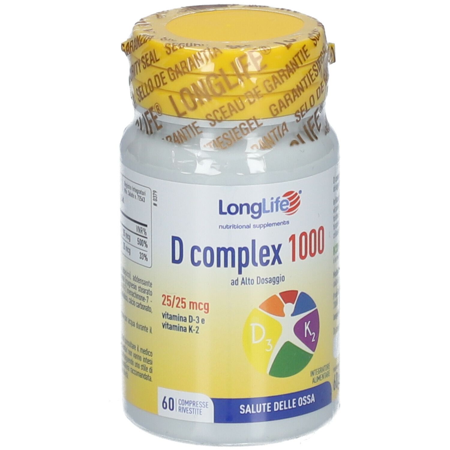 Flacone bianco con tappo giallo e sigillo. Scritta: LongLife D complex 1000. Contiene Vitamina D3, K2. 60 compresse.