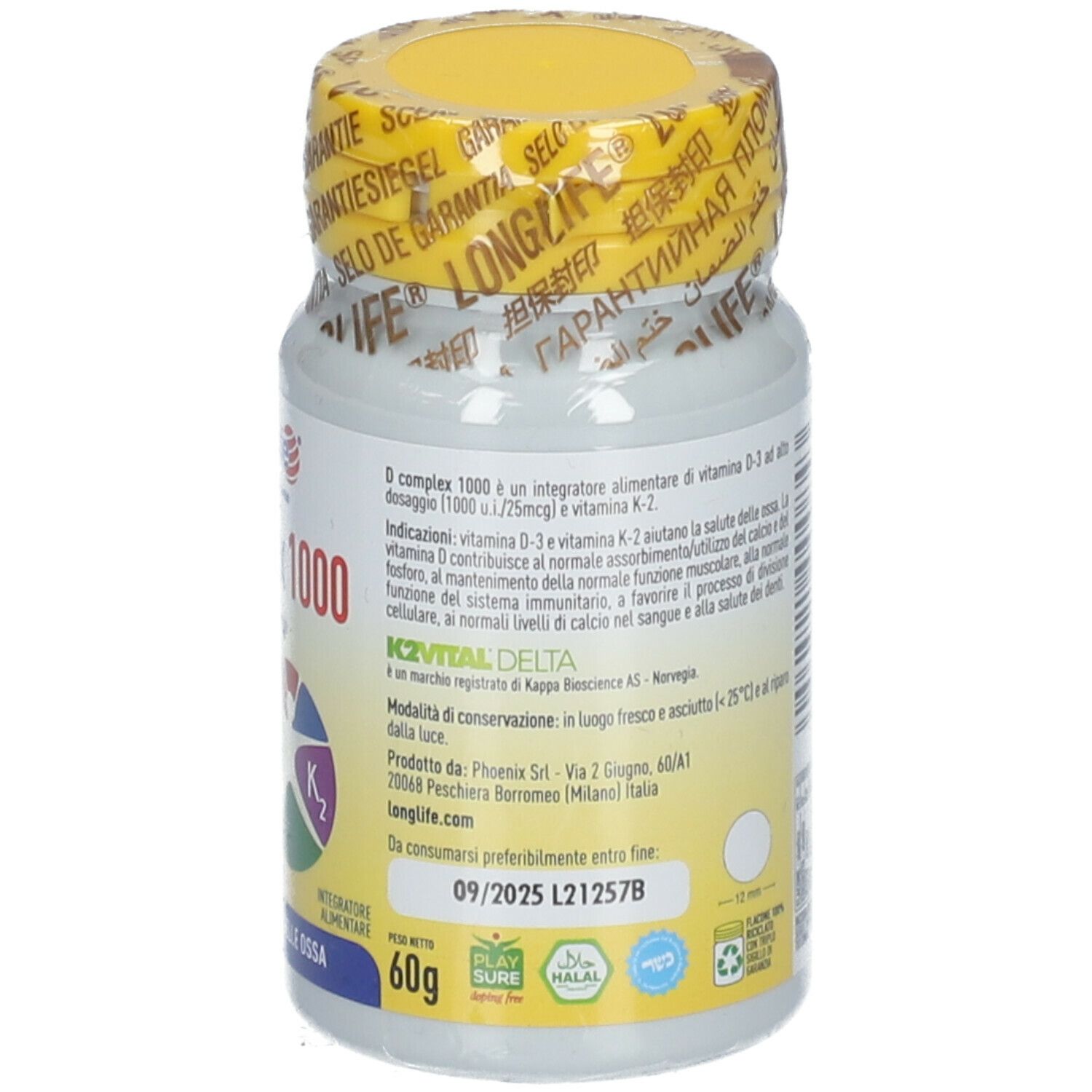 Flacone bianco con tappo giallo e sigillo. Scritta: LongLife D complex 1000. Contiene Vitamina D3, K2. 60g.