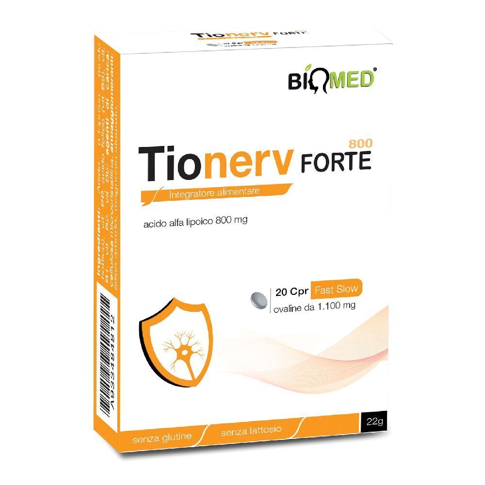 Scatola di "Tionerv Forte 800". Contiene 20 compresse. Marchio: Biomed. Senza glutine e lattosio.