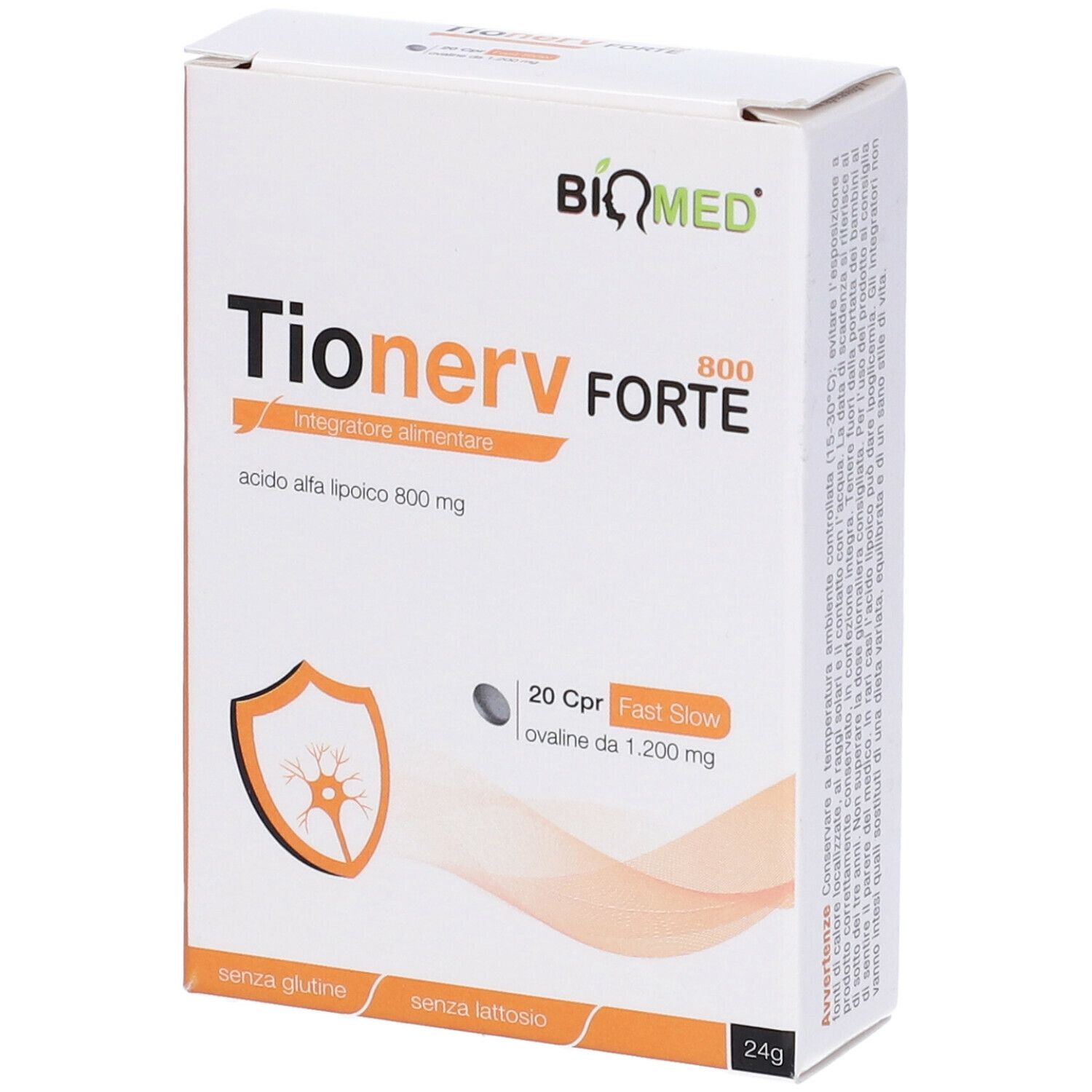 Scatola "Tionerv Forte 800". Contiene 20 compresse. Marchio: Biomed. Senza glutine e lattosio. 24g.