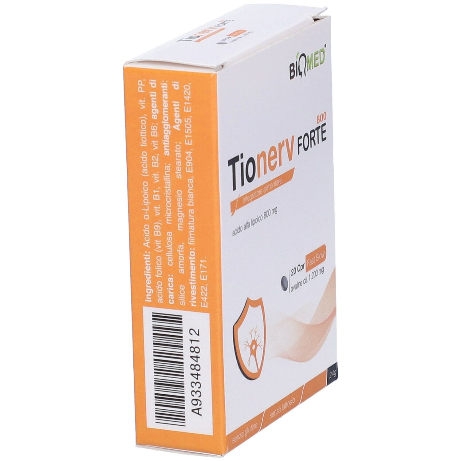 Scatola "Tionerv Forte 800". Elenco ingredienti e codice a barre. Marchio: Biomed. 20 compresse. 24g.
