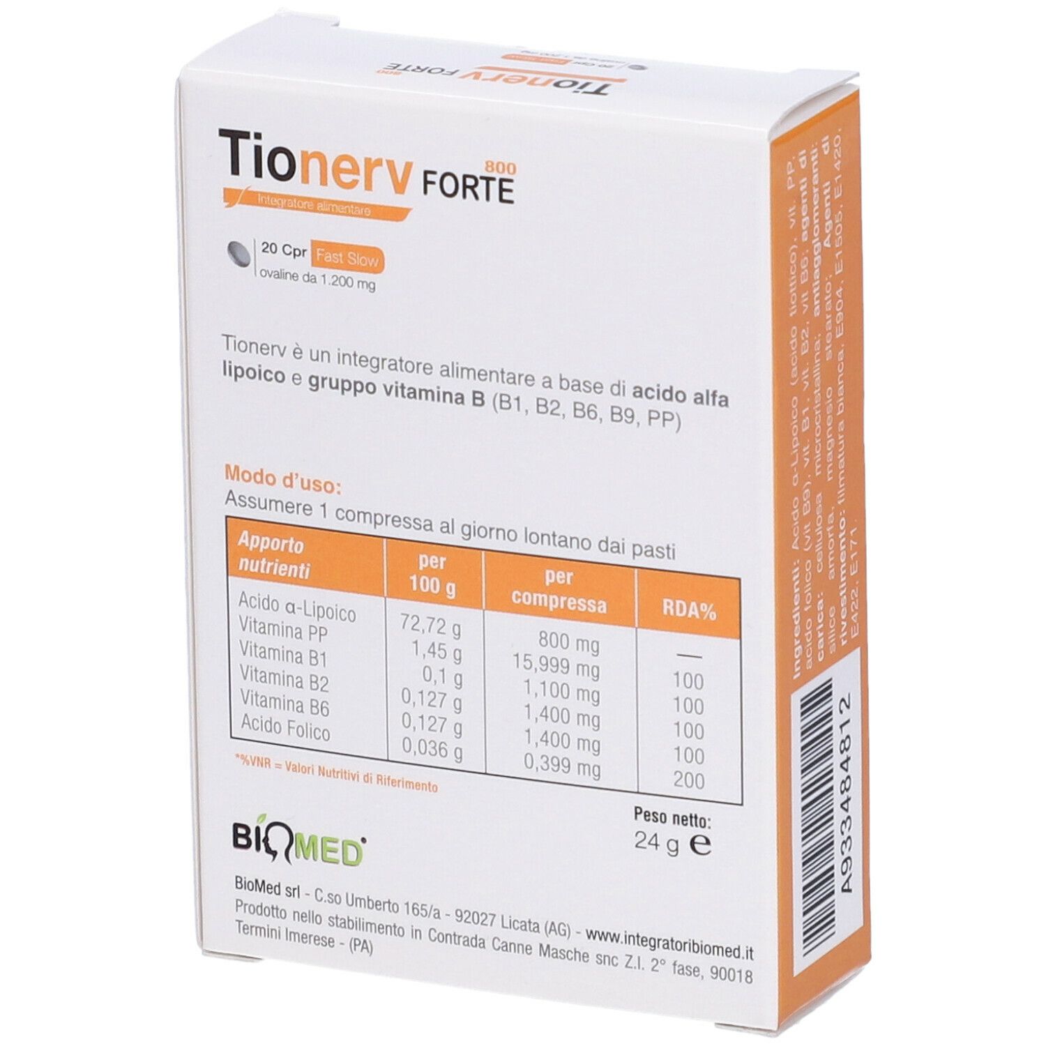 Retro della scatola "Tionerv Forte 800". Tabella nutrizionale e istruzioni per l'uso. Marchio: Biomed. 20 compresse.