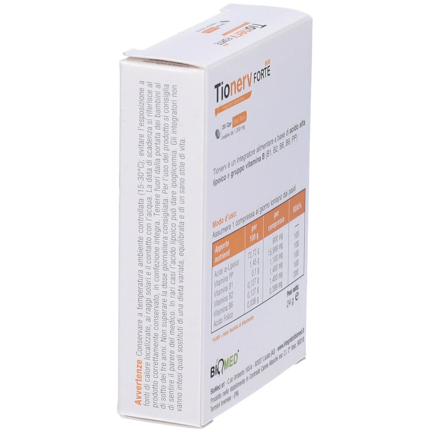 Vista laterale della scatola "Tionerv Forte 800". Avvertenze e tabella nutrizionale. Marchio: Biomed. 20 compresse.