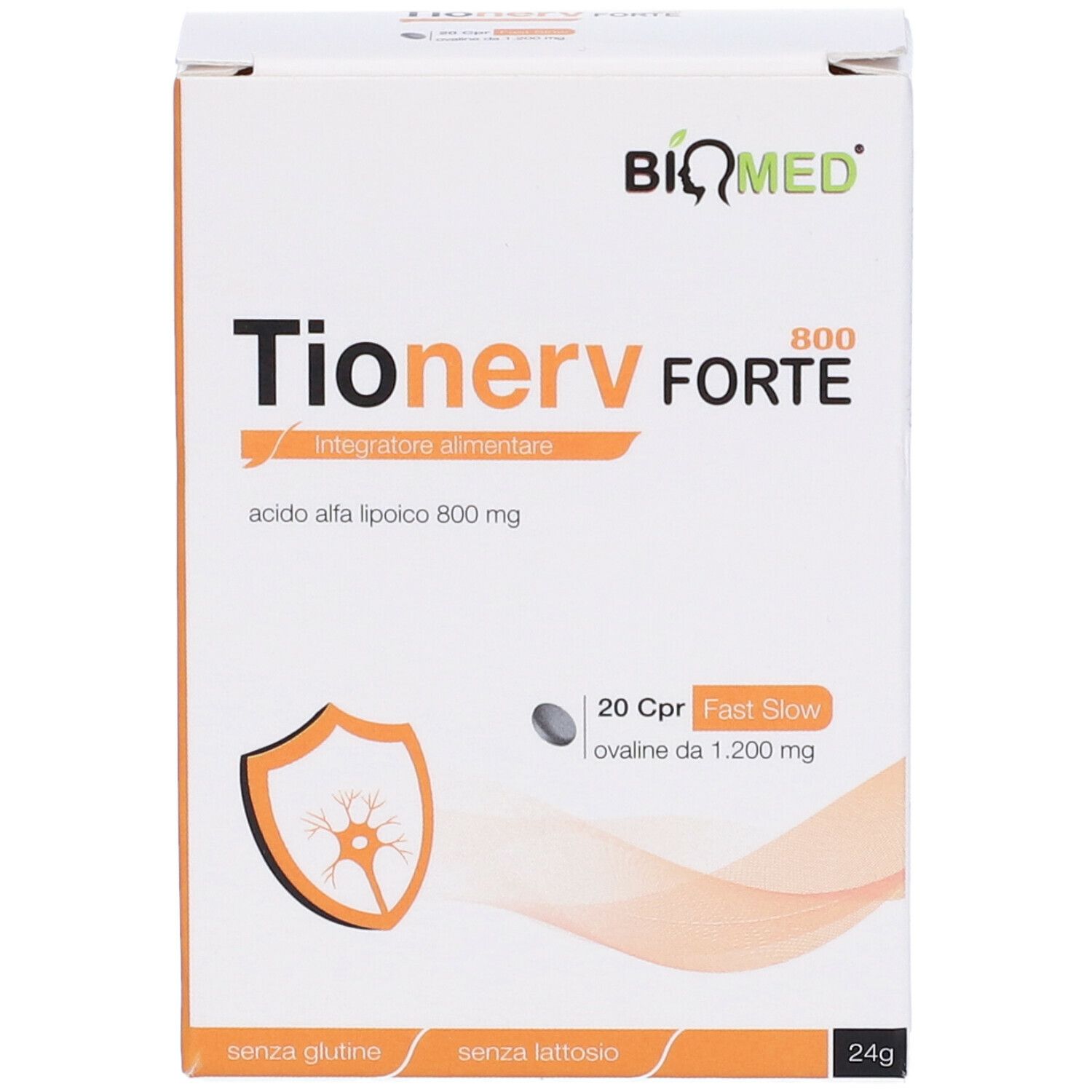Scatola "Tionerv Forte 800". Contiene 20 compresse. Marchio: Biomed. Senza glutine e lattosio. 24g.