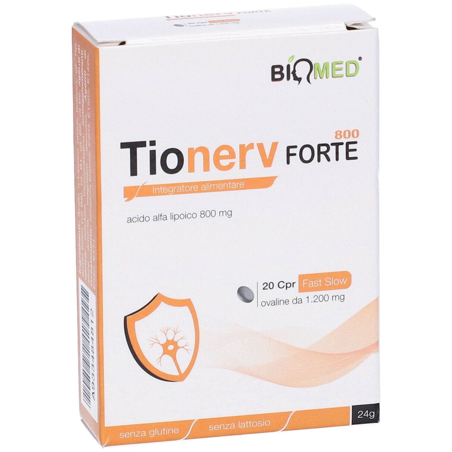 Scatola "Tionerv Forte 800". Contiene 20 compresse. Marchio: Biomed. Senza glutine e lattosio. 24g.