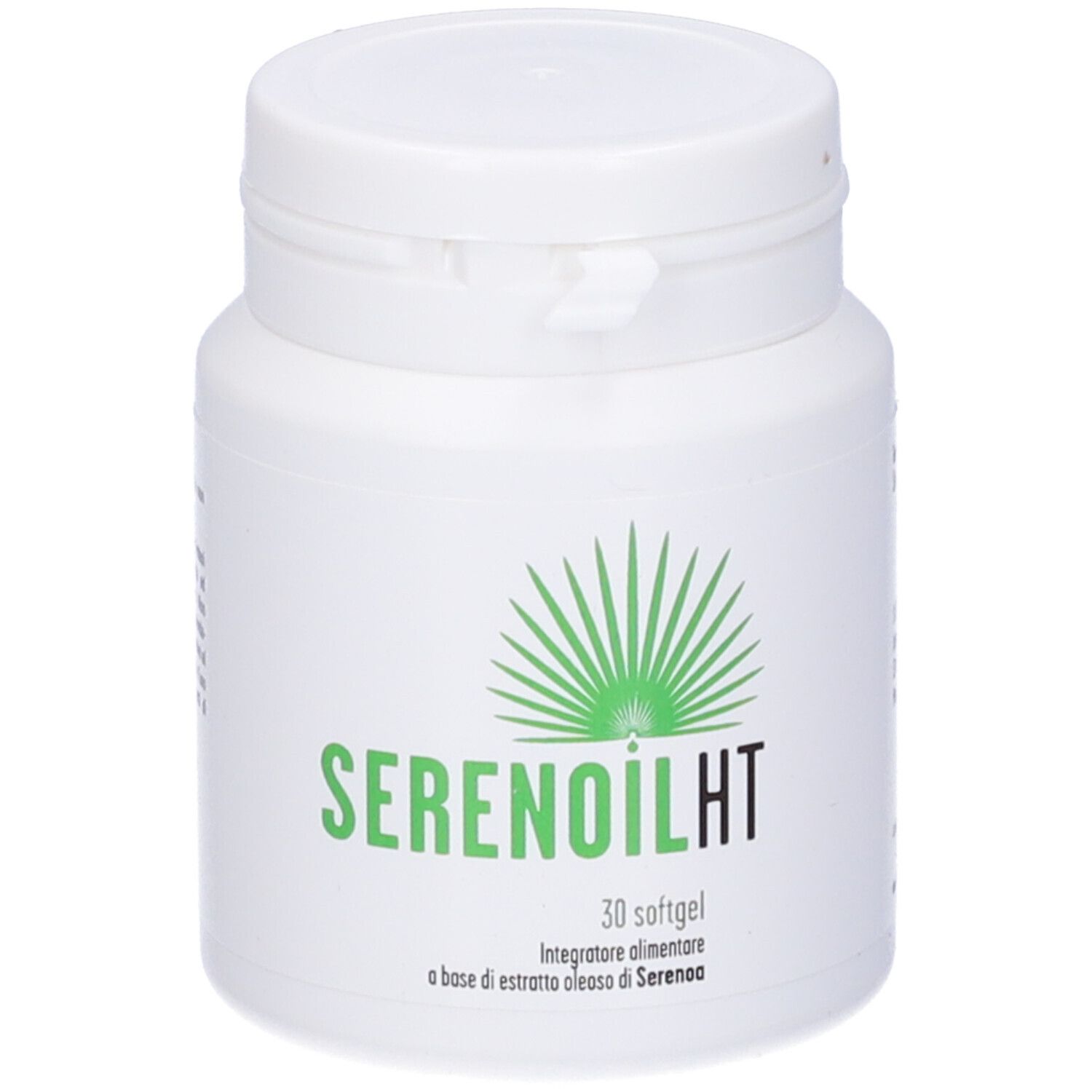 Flacone bianco con etichetta verde. Scritta: SERENOILHT, 30 softgel. Integratore alimentare.
