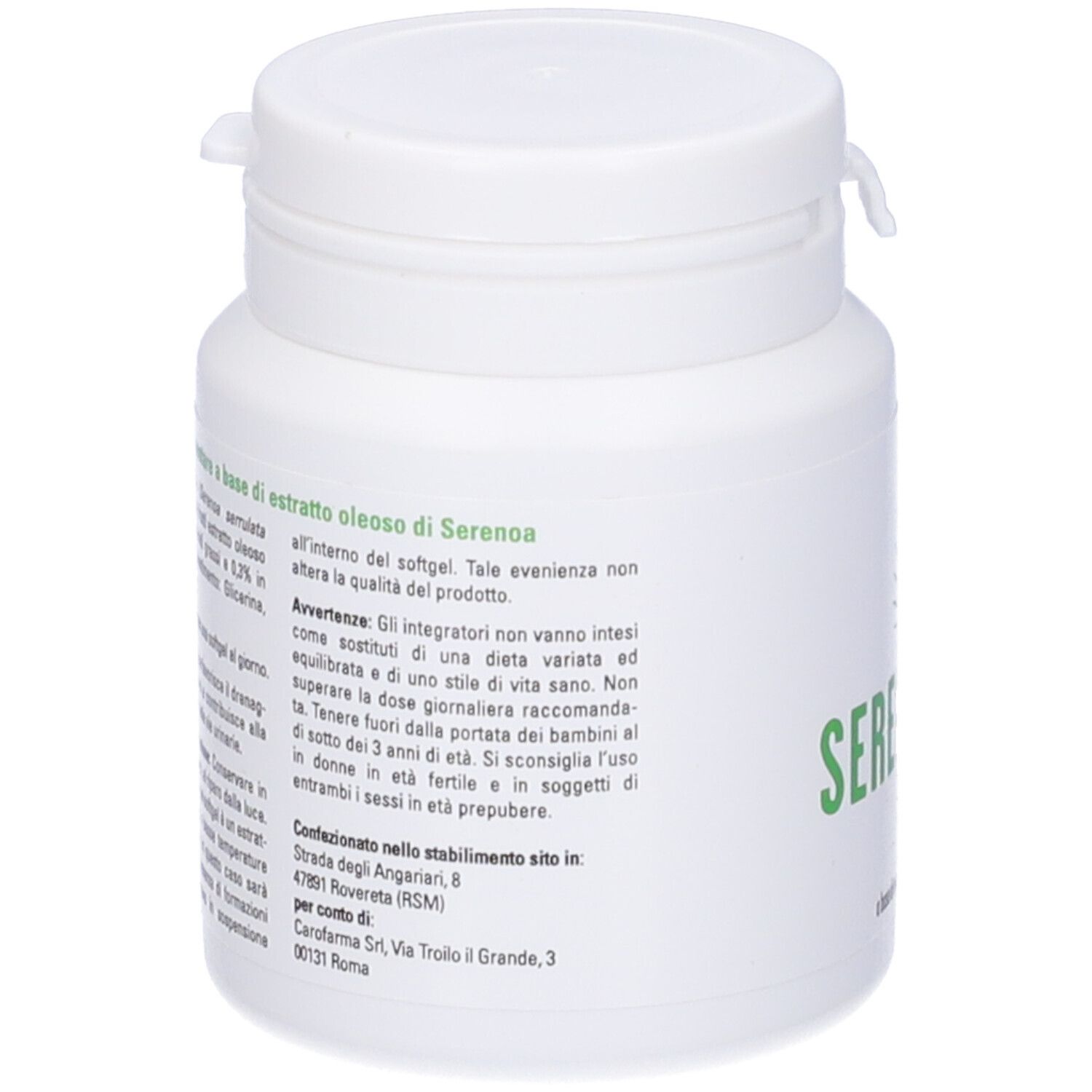 Flacone bianco con etichetta verde. Testo in italiano. Integratore alimentare.