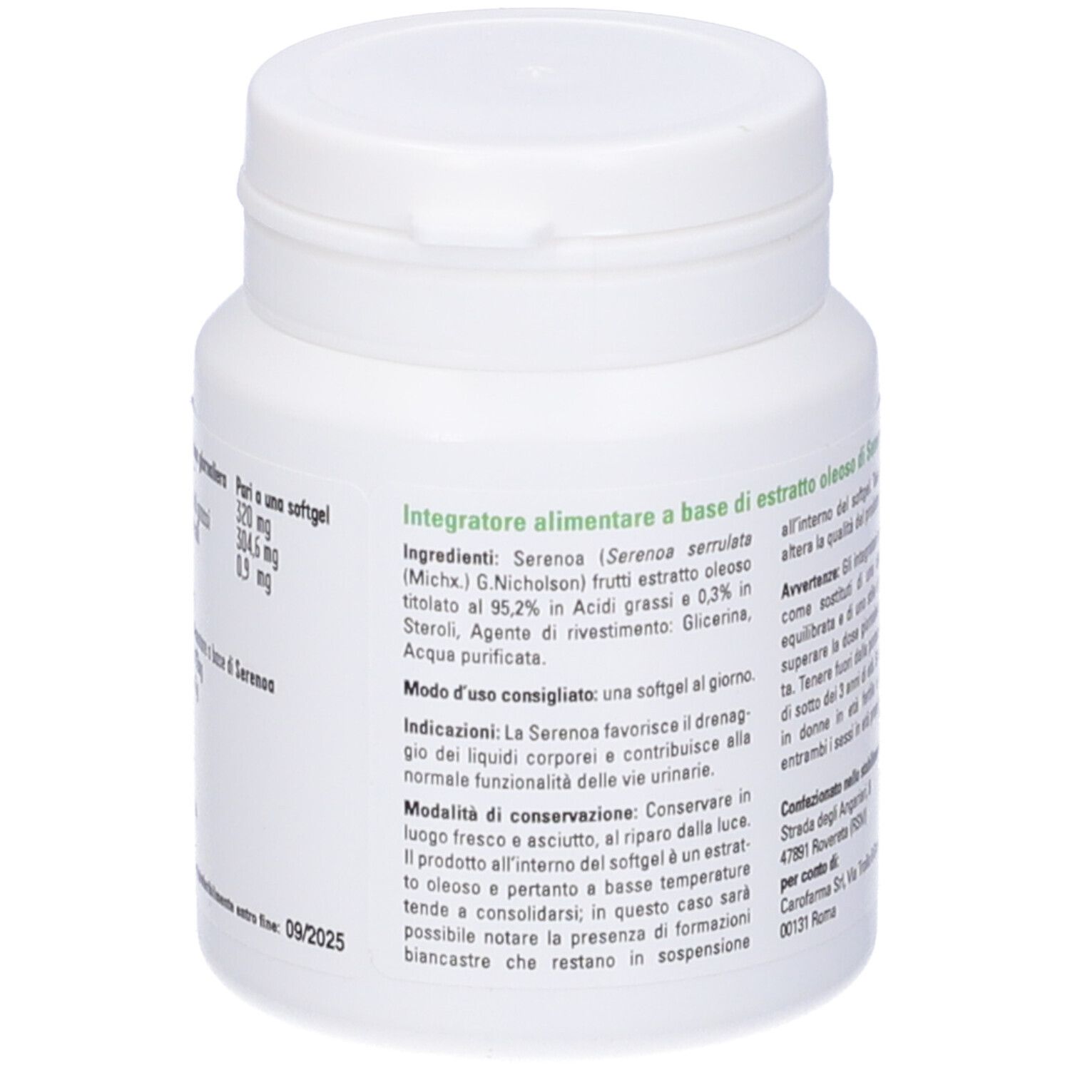 Flacone bianco con etichetta verde. Testo in italiano. Ingredienti e istruzioni per l'uso.