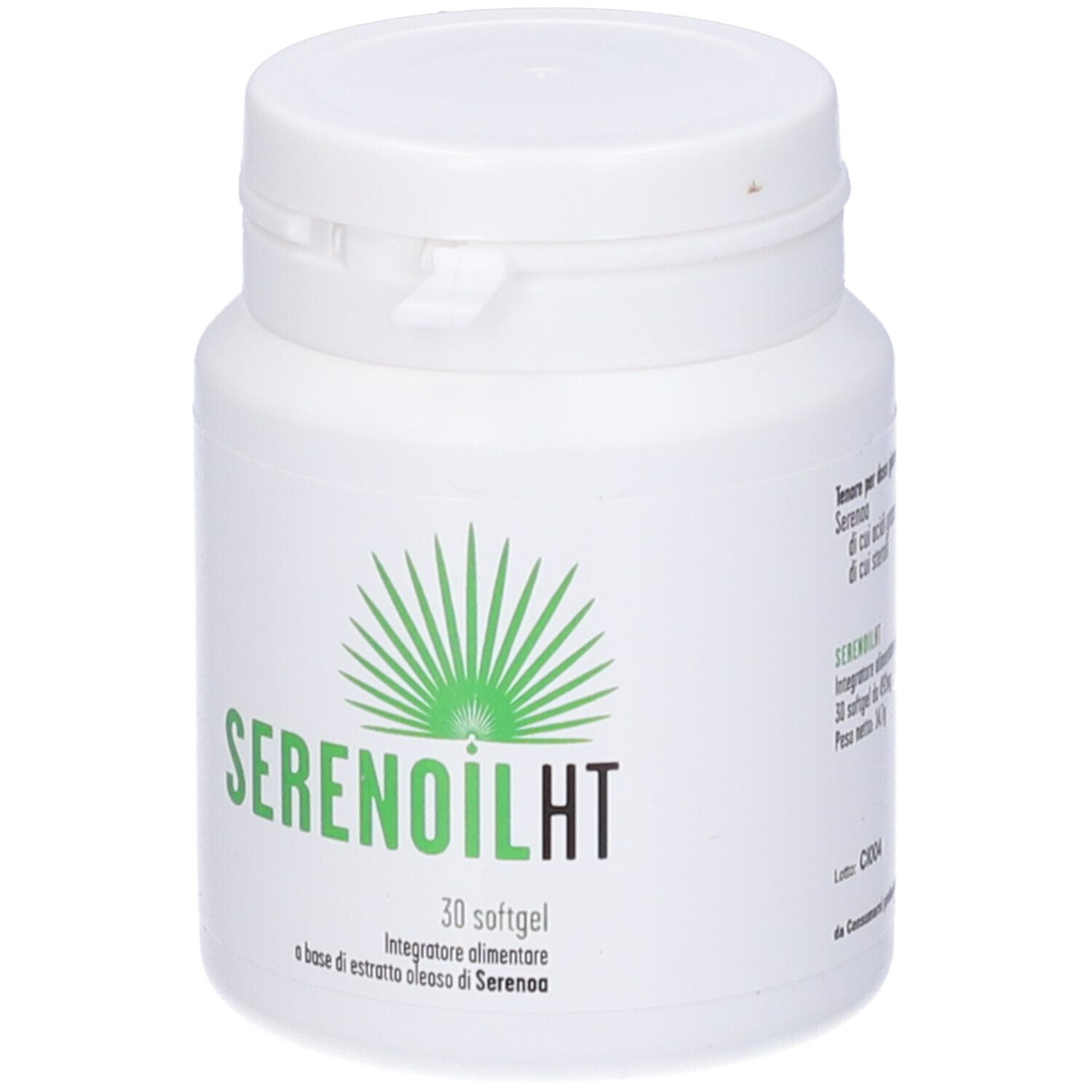 Flacone bianco con etichetta verde. Scritta: SERENOILHT, 30 softgel. Integratore alimentare.