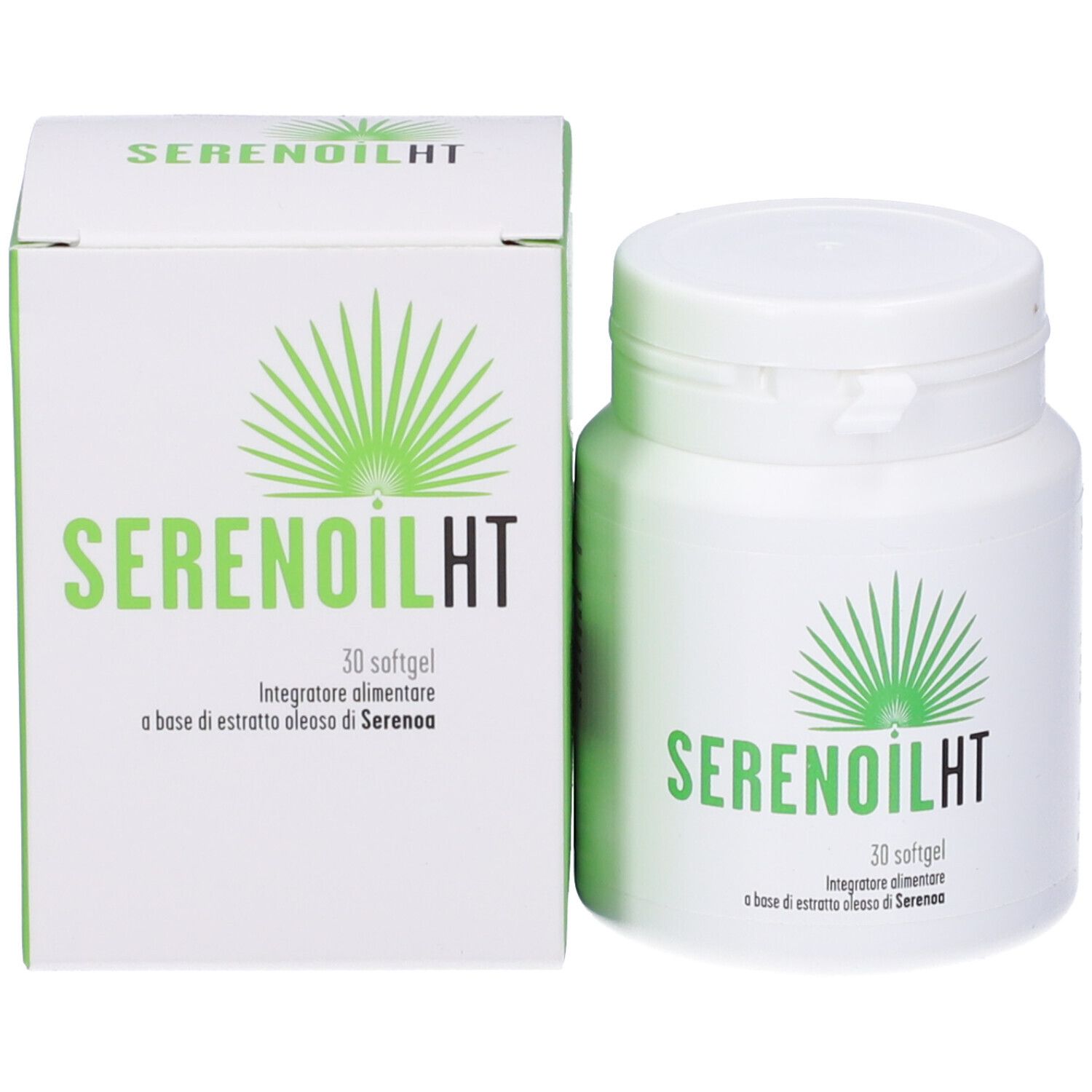Flacone bianco e scatola con etichetta verde. Scritta: SERENOILHT, 30 softgel. Integratore alimentare.