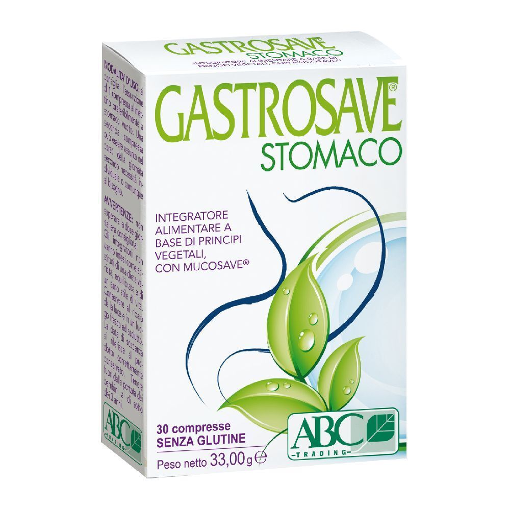 Scatola bianca "GASTROSAVE STOMACO". 30 compresse, senza glutine, 33,00g. Logo ABC Trading.