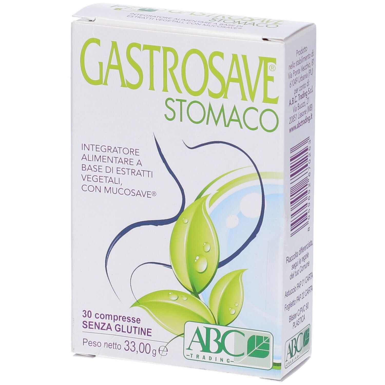 Scatola bianca "GASTROSAVE STOMACO". 30 compresse, senza glutine, 33,00g. Logo ABC Trading.