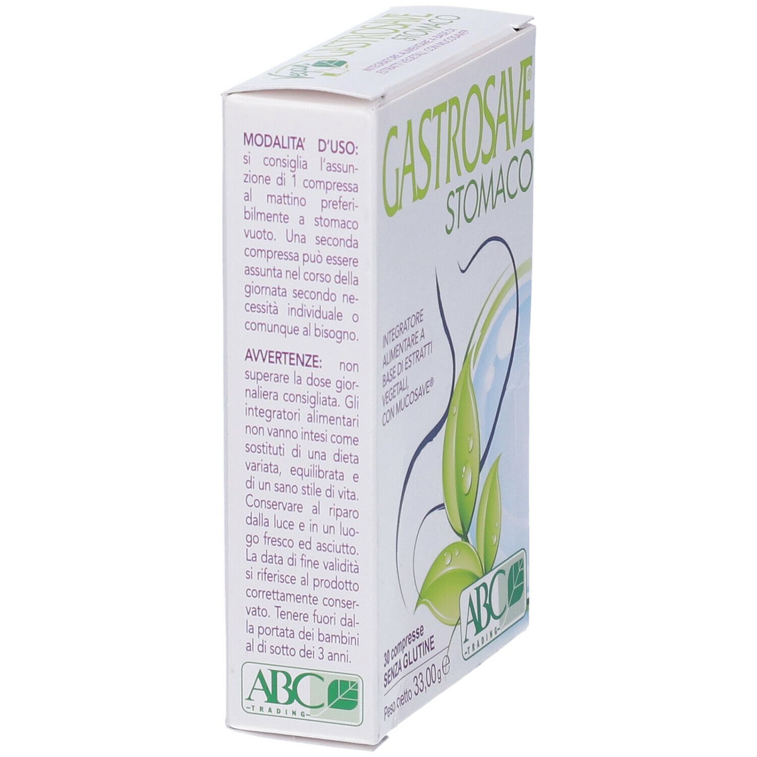 Scatola bianca "GASTROSAVE STOMACO". Testo e logo ABC Trading. Vista laterale con testo.