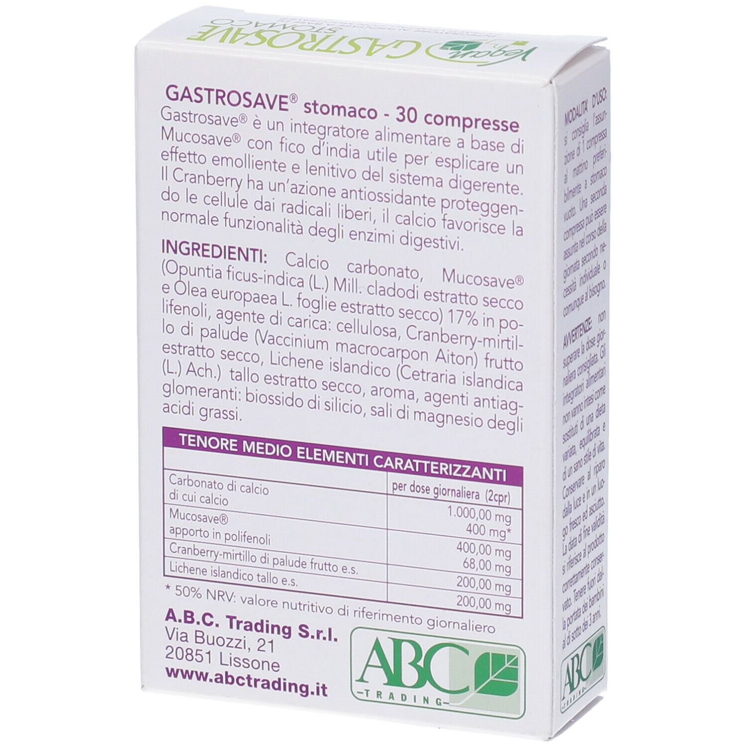 Scatola bianca "GASTROSAVE STOMACO". Ingredienti e logo ABC Trading. Vista laterale.