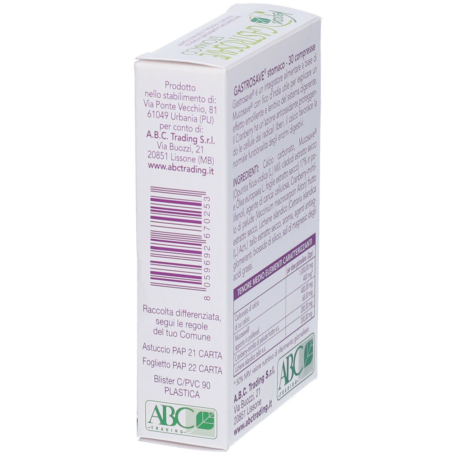 Scatola bianca "GASTROSAVE STOMACO". Testo e logo ABC Trading. Vista laterale.