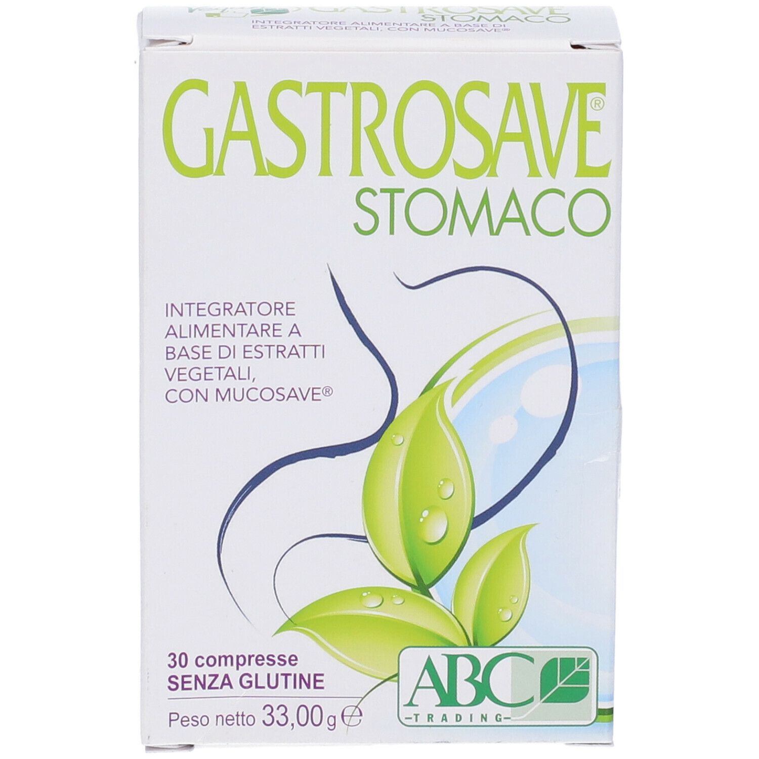 Scatola bianca "GASTROSAVE STOMACO". 30 compresse, senza glutine, 33,00g. Logo ABC Trading.