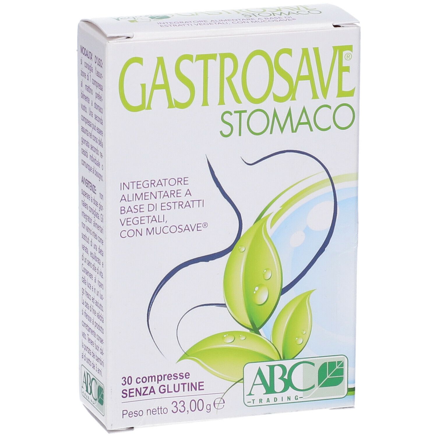 Scatola bianca "GASTROSAVE STOMACO". 30 compresse, senza glutine, 33,00g. Logo ABC Trading.